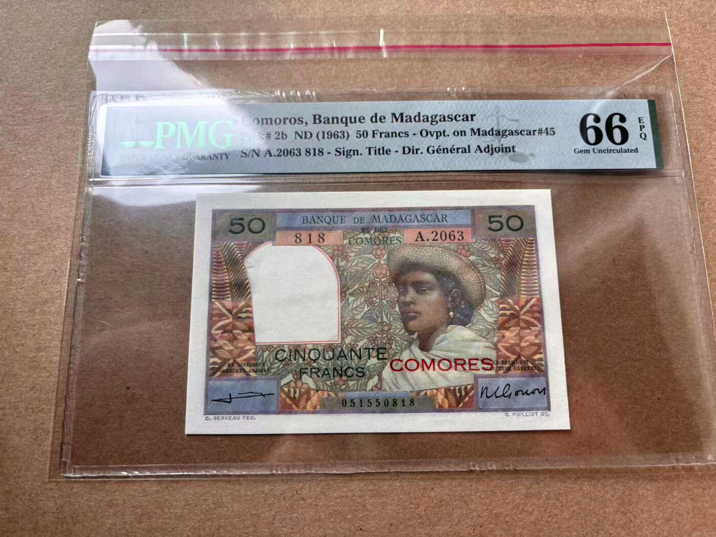 【Blue Auction】✨世界纸币精拍第560期【精】 【818小雷达倒置号】科摩罗 1963年50法郎 PMG66EPQ 