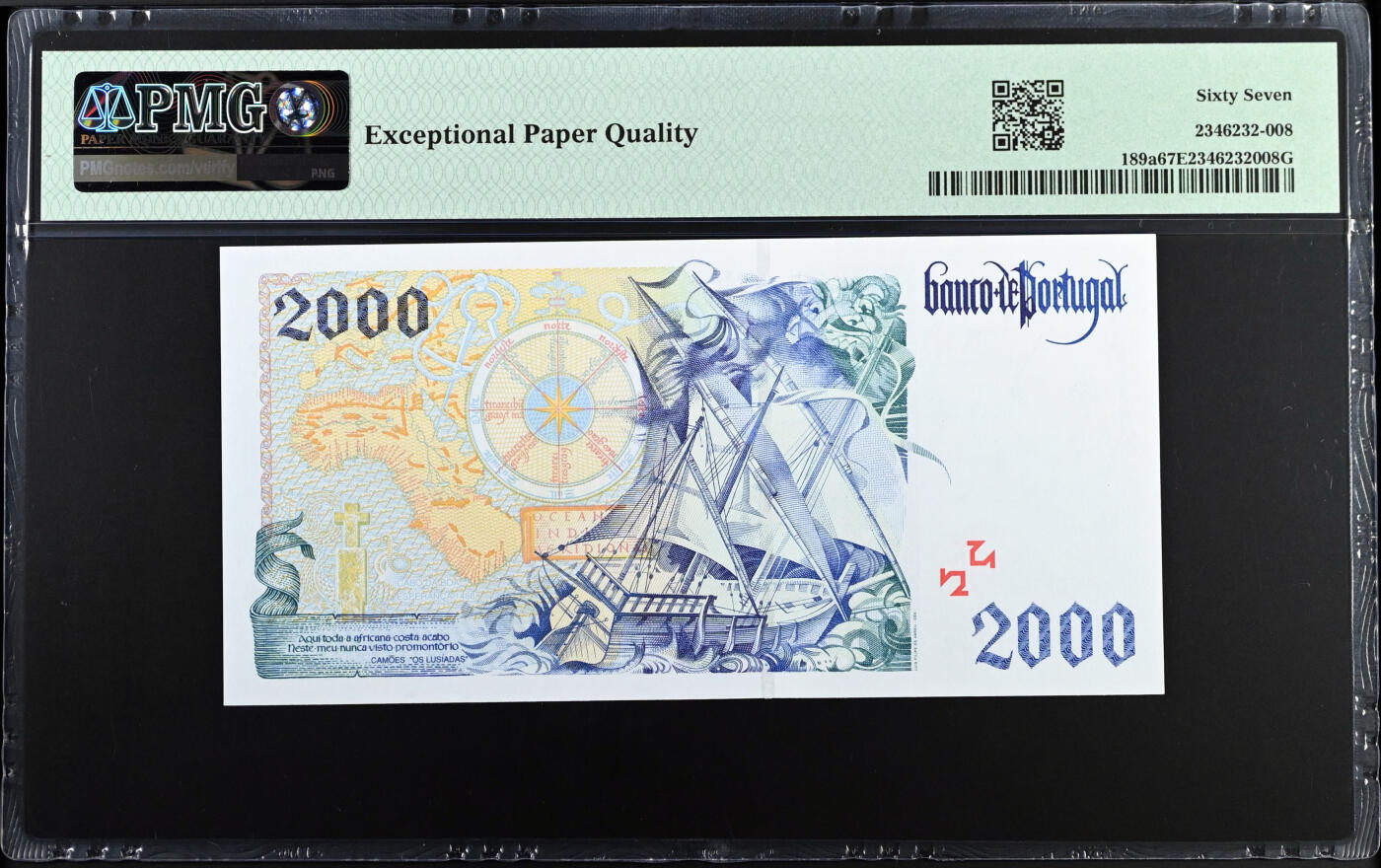 【Blue Auction】✨世界纸币精拍第560期【精】 【a版冠军分】葡萄牙 1995年2000埃斯库多  PMG67EPQ 高分