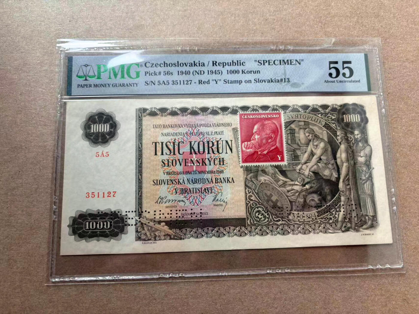 【Blue Auction】✨世界纸币精拍第560期【精】 捷斯 1940年1000克朗 超大票幅 样钞 PMG55 折木教子 设计精美