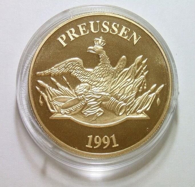 德国1991年 威廉一世统一德国+大炮鹰徽高浮雕精制大镀金章 40MM