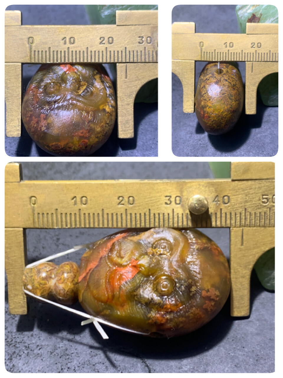 精美亚光草花纹战国红玛瑙手工雕刻灵猴佛头三通一套，