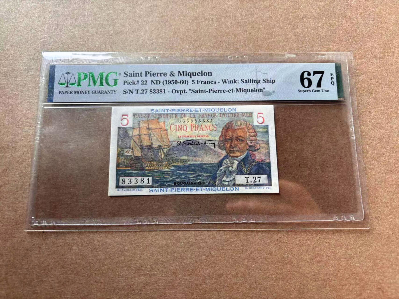 【Blue Auction】✨世界纸币精拍第560期【精】 【无47】圣皮埃尔和密克隆 1950-60年5法郎  PMG67EPQ 高分 