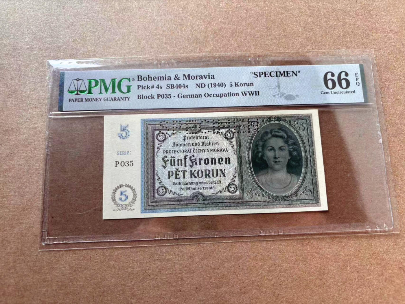 【Blue Auction】✨世界纸币精拍第560期【精】 波西米亚 1940年5克朗 样钞 PMG66EPQ 