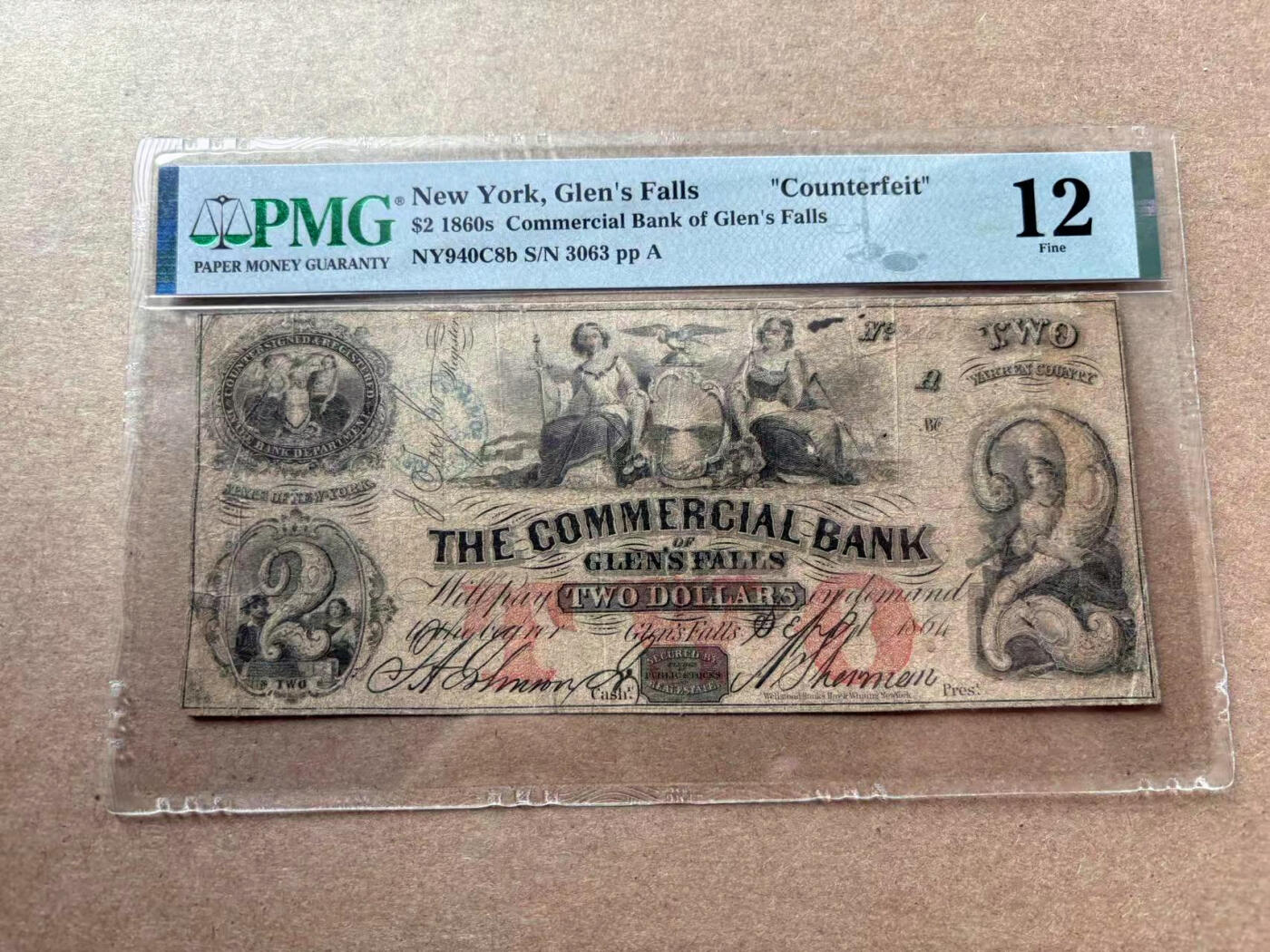 【Blue Auction】✨世界纸币精拍第560期【精】 【手签实钞 1863小号】美国 纽约州 1860年代2美金 PMG12少见品种 