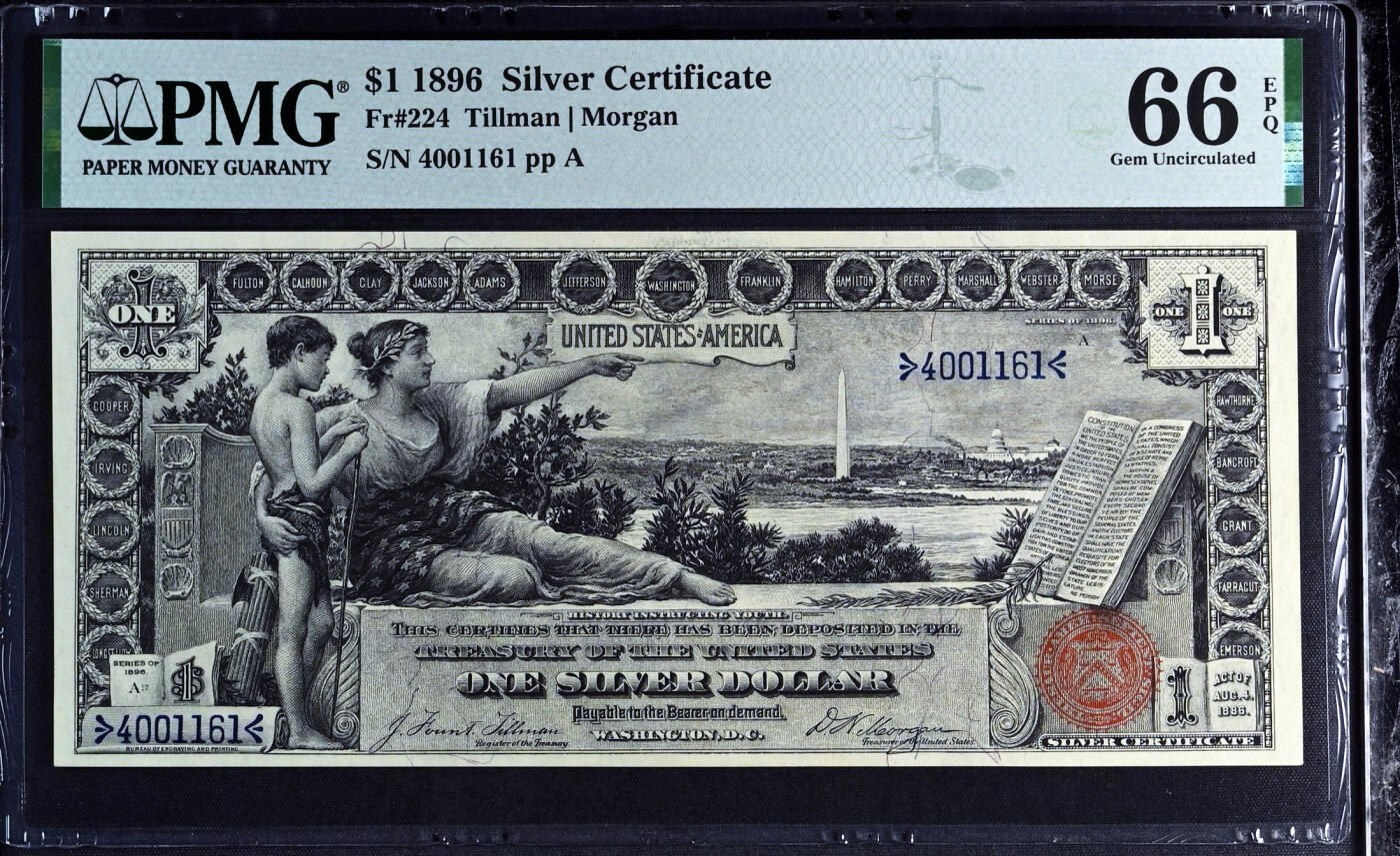 【Blue Auction】✨世界纸币精拍第560期【精】 【仅8张更高分 亚军分】美国 1896年1美金 经典教育券 备受收藏家青睐 在鲍尔斯和桑德曼的著作《TOP100最伟大的美国纸币》中排名第7 正面是《历史教育青年》的大幅装饰图案 （在正面背景中可以看到华盛顿特区，华盛顿纪念碑、铸印局和美国国会大厦在背景中清晰可见）背面是华盛顿和第一夫人雕刻人像及纹饰 非常漂亮 PMG66EPQ 一步到位收藏级
