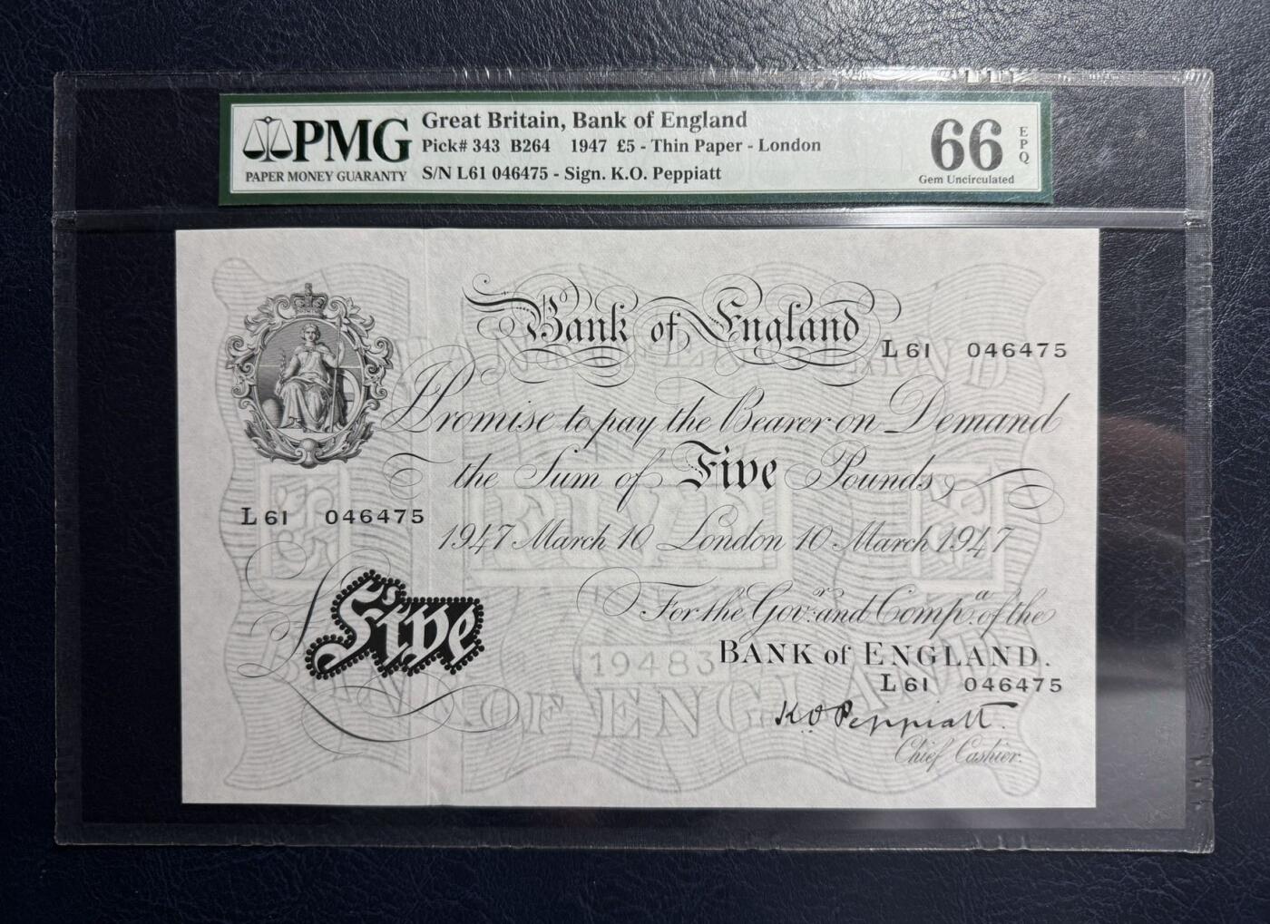 收藏联盟Quantum Auction 第383期拍卖  英国1947年白色5镑 PMG66 大票幅 稀少