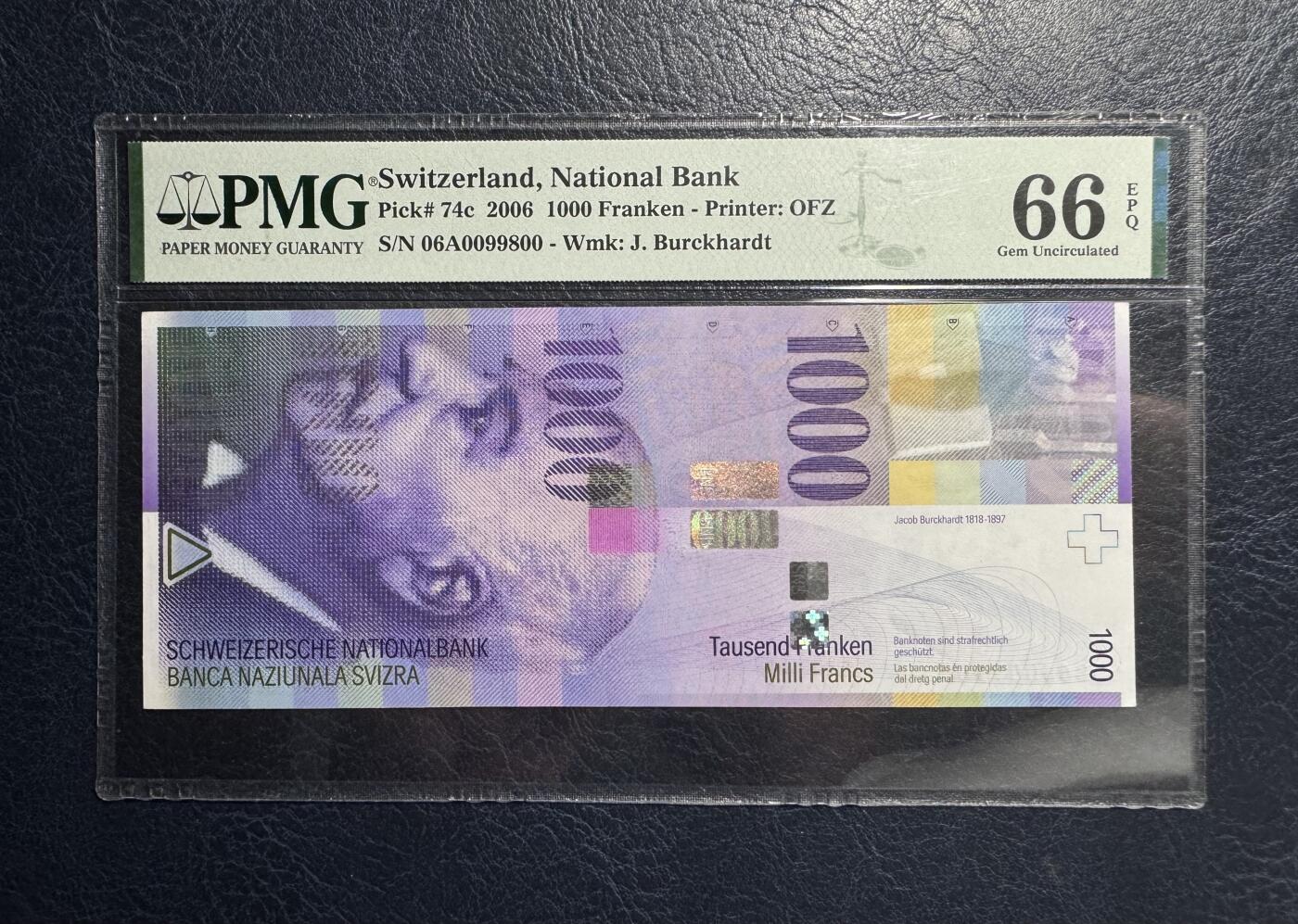 收藏联盟Quantum Auction 第383期拍卖  瑞士2006年1000法郎首发A冠 PMG66 全程圆圆倒置号 文化历史和艺术家 雅各布.布克哈特