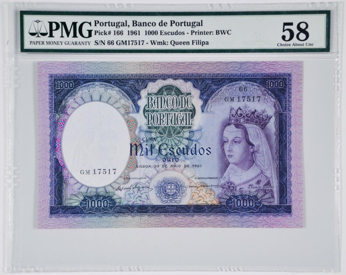 收藏联盟Quantum Auction 第383期拍卖  葡萄牙1961年1000埃斯库多 PMG58 菲丽帕女王 BWC代印 精美稀少