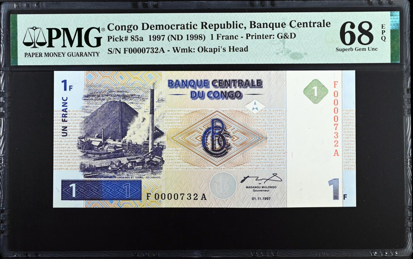 【Blue Auction】✨世界纸币精拍第560期【精】 【FA首发冠 百位小号 唯一冠军分】刚果 1997年1法郎 PMG68EPQ 超高分 少见