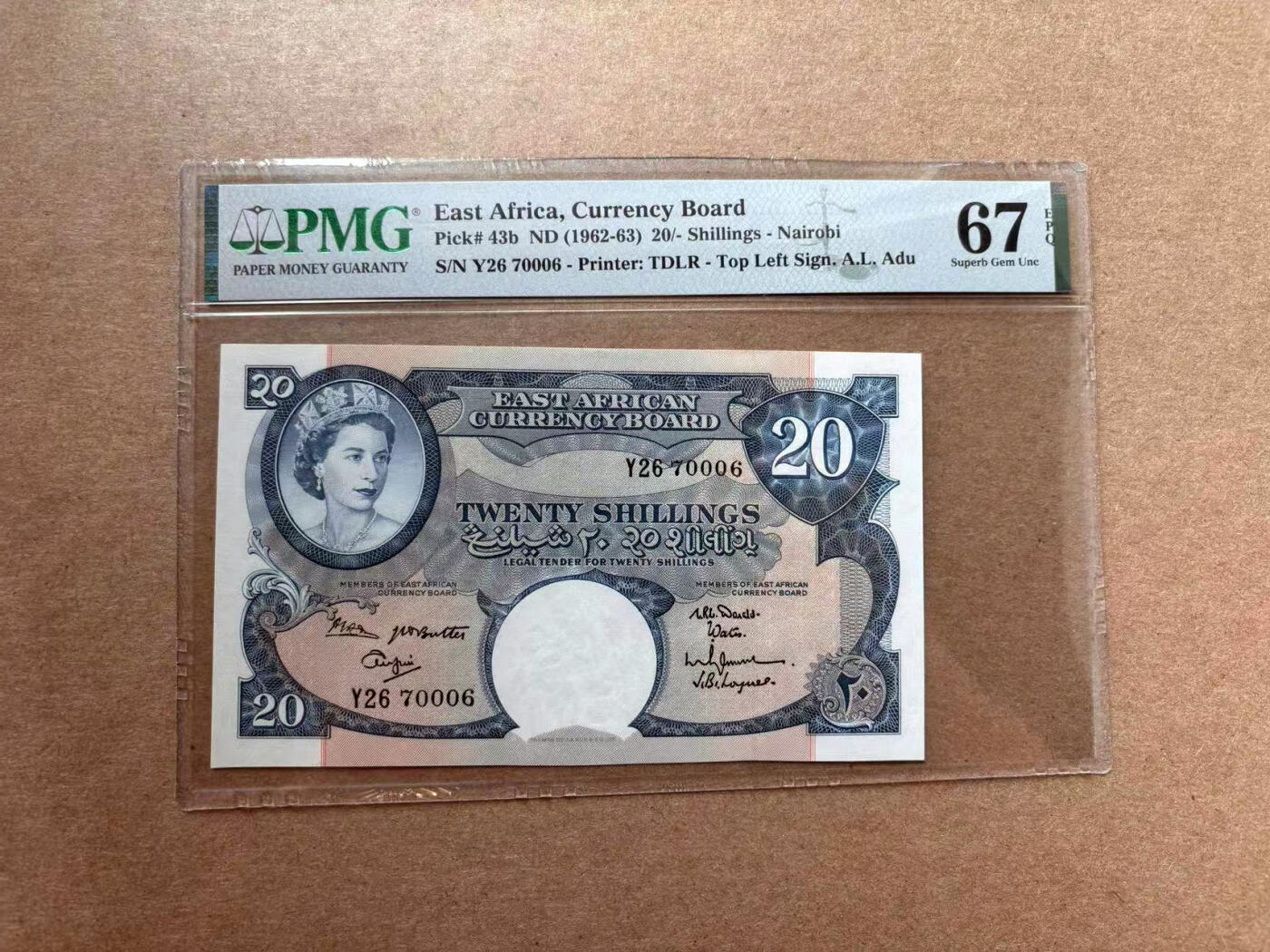 【Blue Auction】✨世界纸币精拍第560期【精】 【冠军分】英属东非1962-63年20先令 大冠女王 升值品种 PMG67EPQ 高分