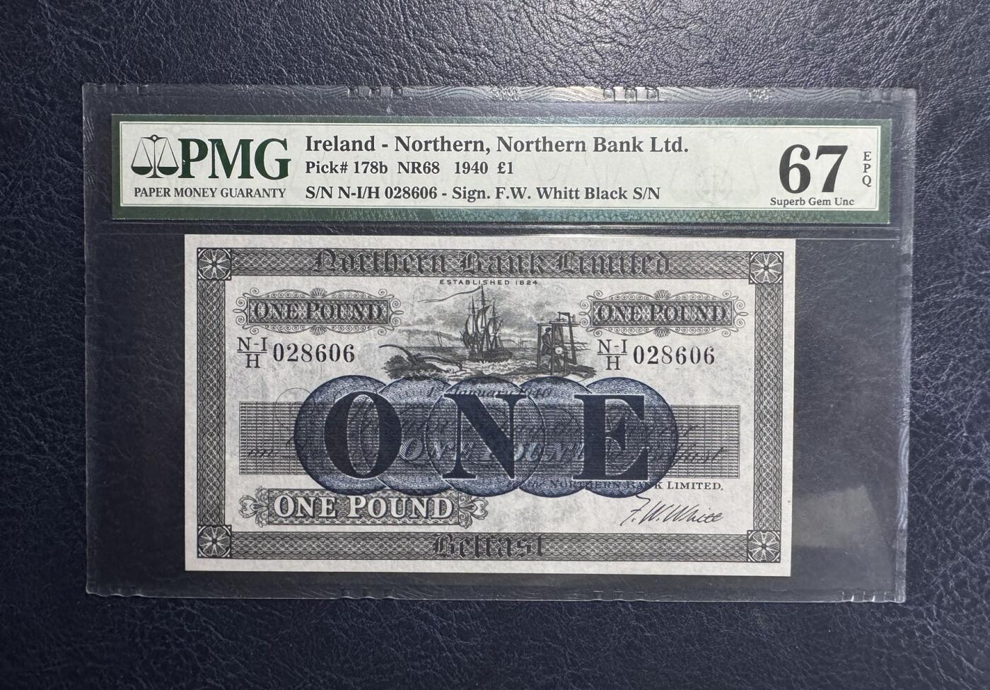 收藏联盟Quantum Auction 第383期拍卖  北爱尔兰北方银行1940年1镑 PMG67 号码无3457朦胧号