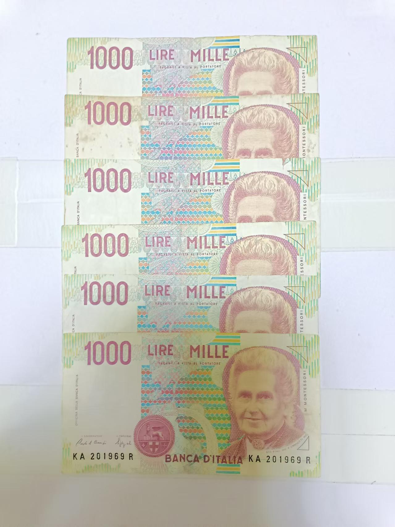 【20241016】非全新纸币第177场 意大利1000里拉6张纸币，有裂缝