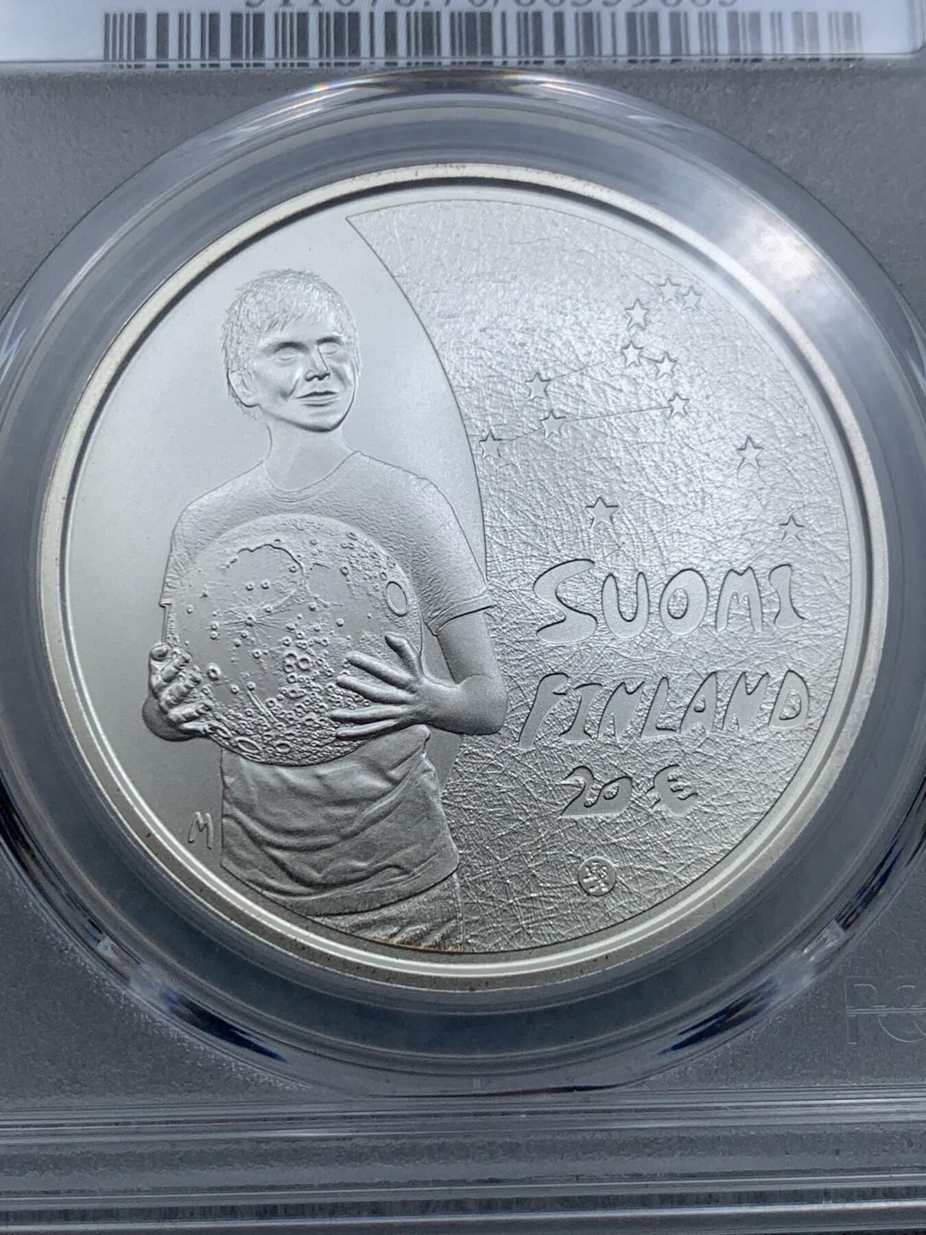 《竞宝斋》第317场 周日，周一 2场连拍 （全场包邮） PCGS PR70DCAM 芬兰2010年道德与理念2-儿童与创造力（磨砂版）20欧彩银纪念币 P盒错标应为磨砂版银币，33.62克，925银，38.61MM币径，限量3500枚，P盒记录冠军分值（并列最高分值70分仅4枚），荣膺2012年克劳斯世界硬币大奖赛最富激情获奖币