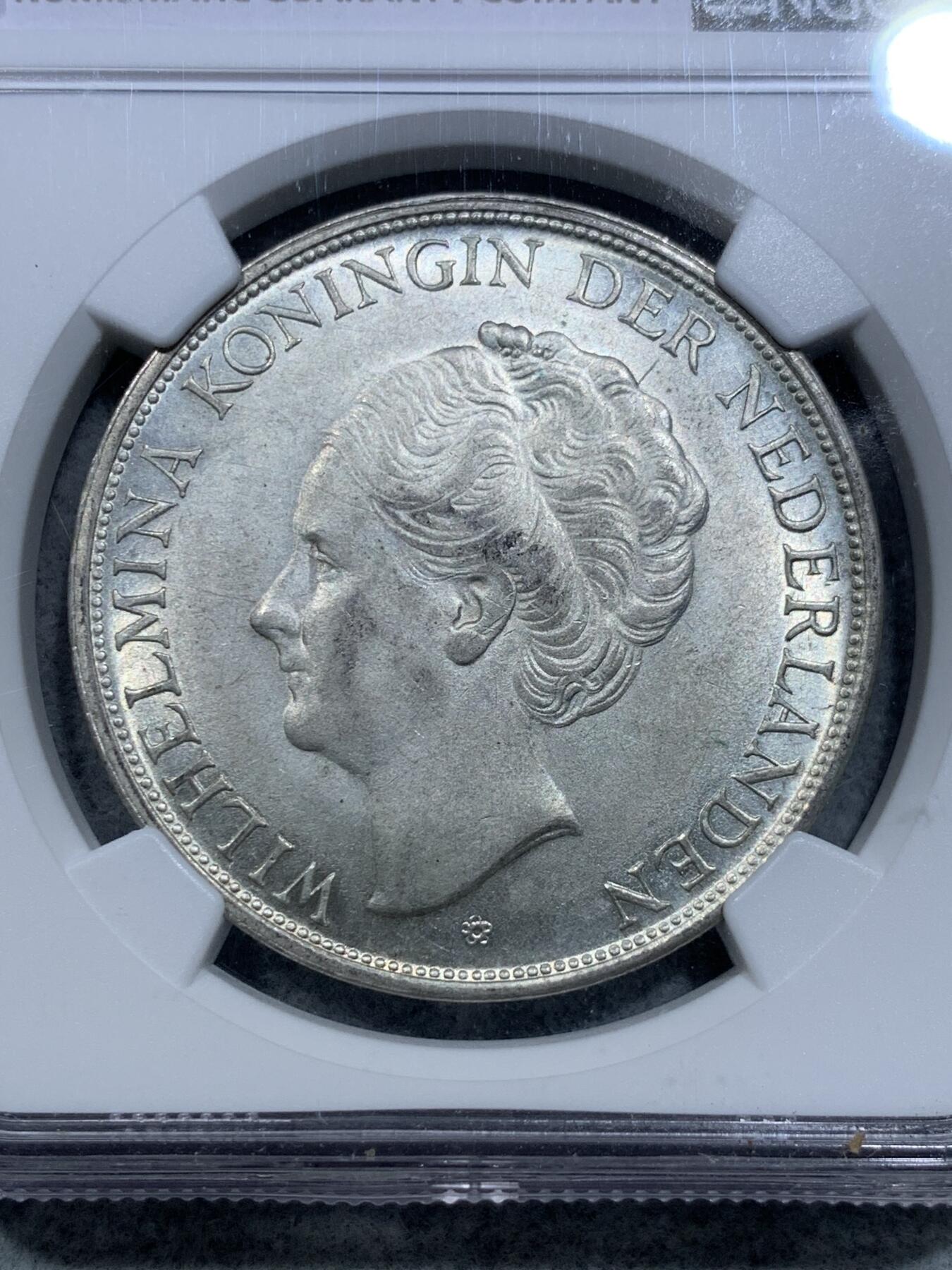 《竞宝斋》第317场 周日，周一 2场连拍 （全场包邮） NGC MS65 荷属东印度1943年D版威廉明娜2.5盾银币 难得高分 仅发行1943