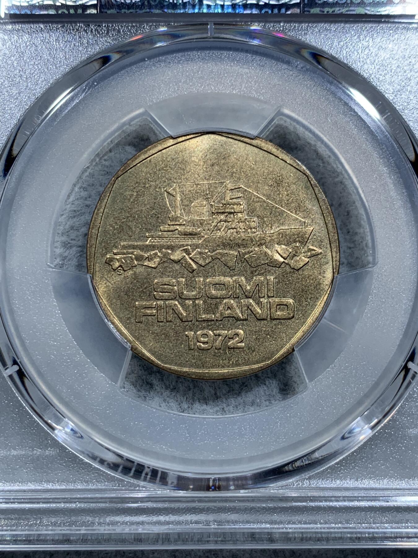 《竞宝斋》第317场 周日，周一 2场连拍 （全场包邮） PCGS MS64 芬兰1972 5马克破冰船，多边形五马克不多见，冠军分仅1枚。
