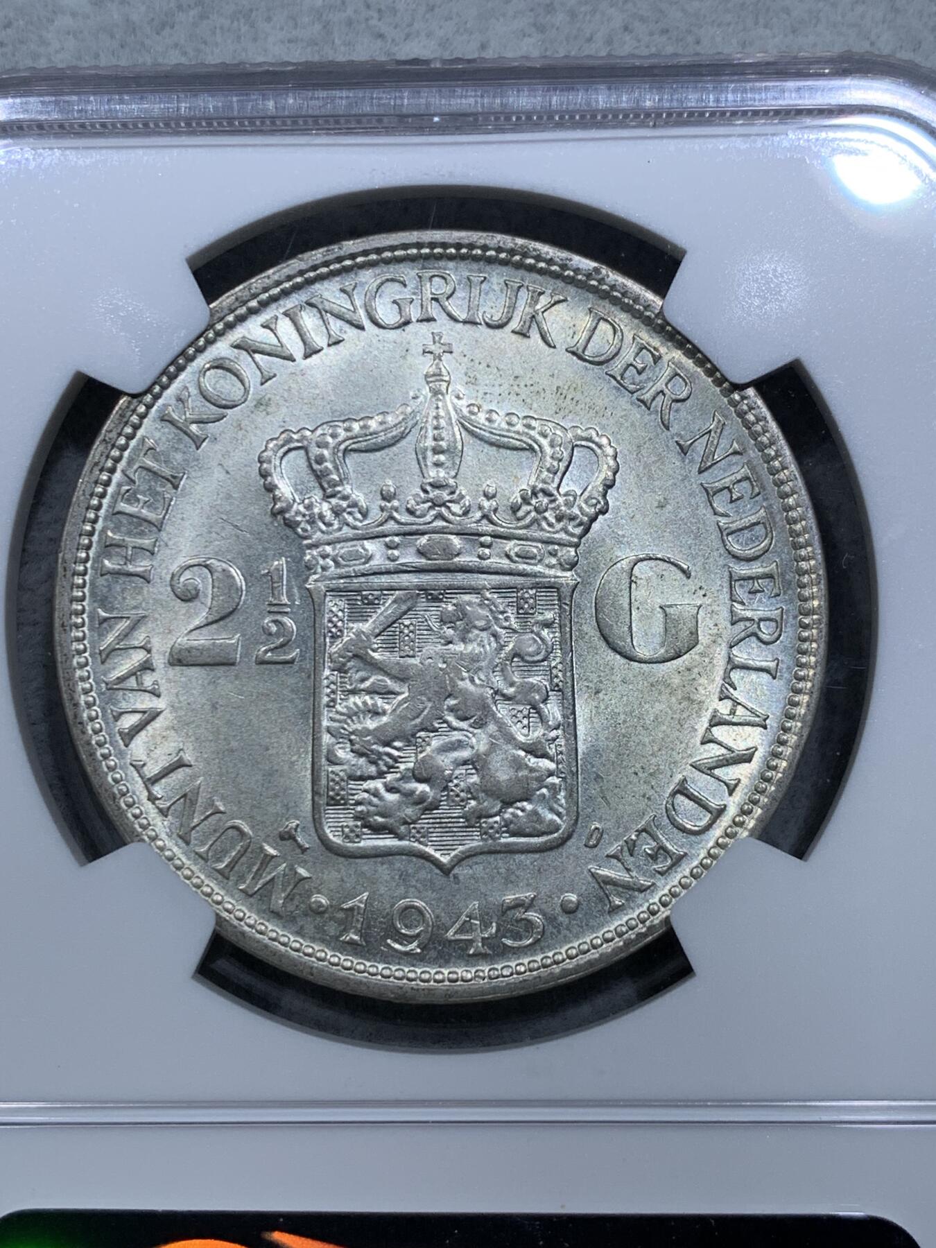 《竞宝斋》第317场 周日，周一 2场连拍 （全场包邮） NGC MS65 荷属东印度1943年D版威廉明娜2.5盾银币 难得高分 仅发行1943