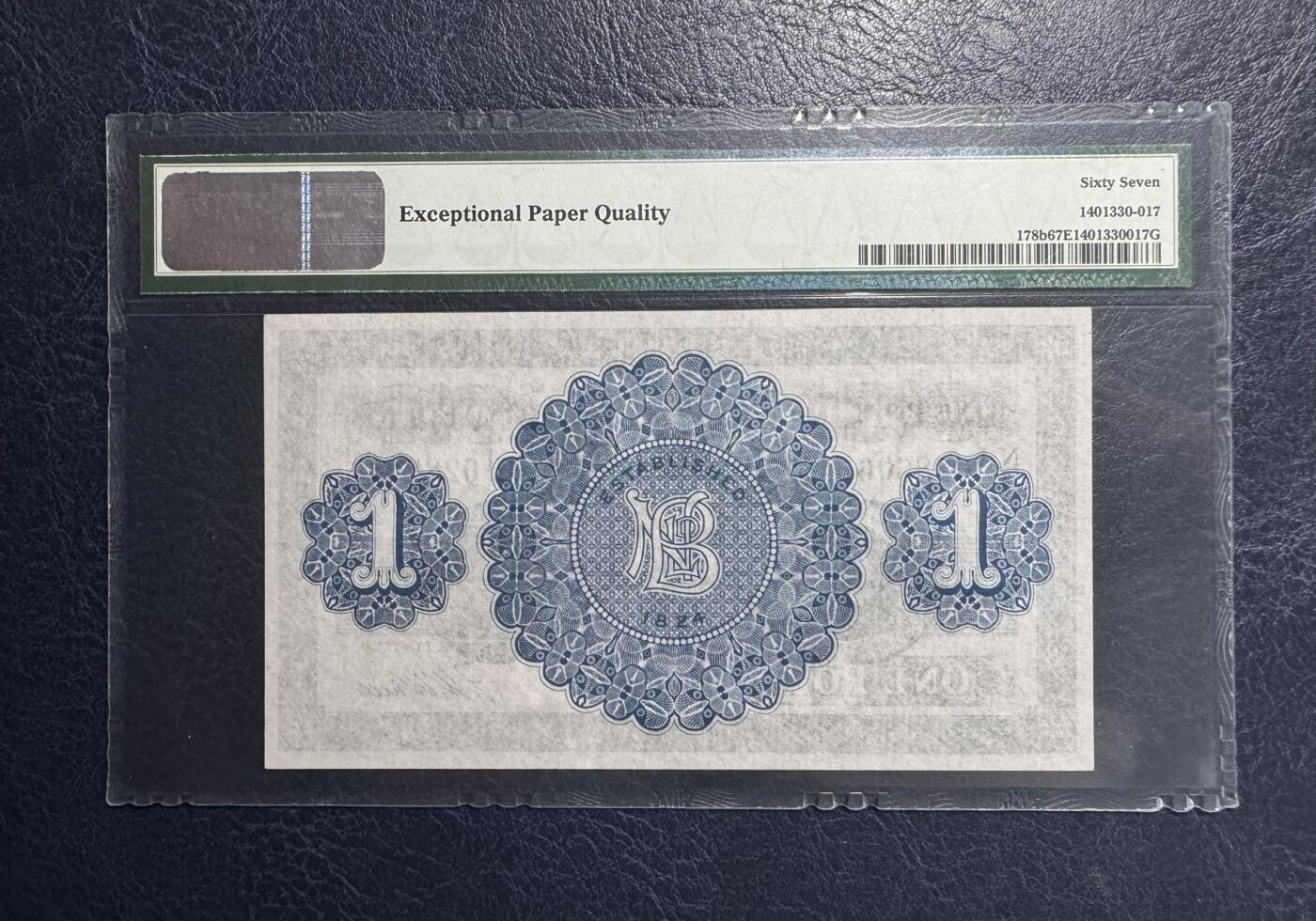 收藏联盟Quantum Auction 第383期拍卖  北爱尔兰北方银行1940年1镑 PMG67 号码无3457朦胧号