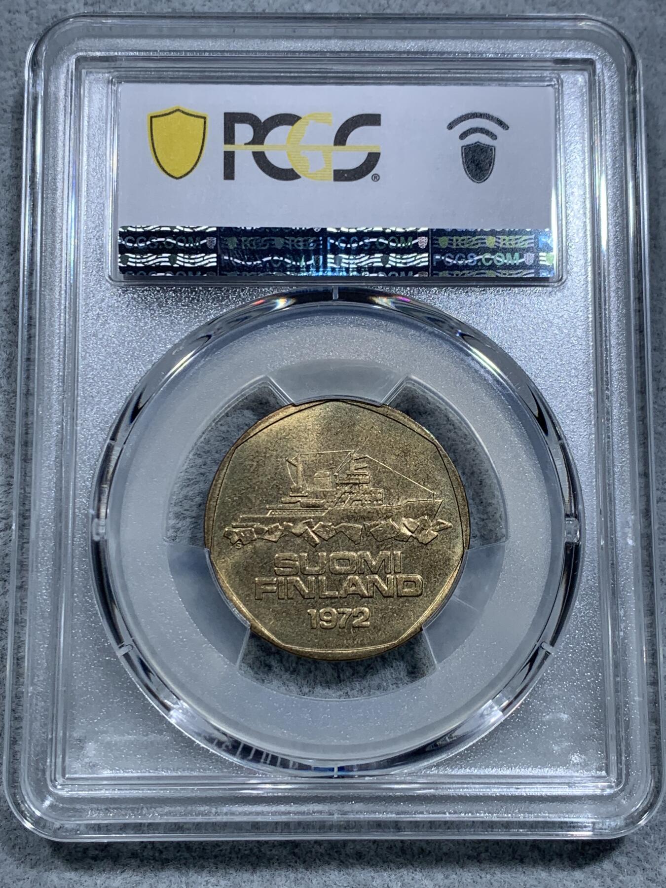 《竞宝斋》第317场 周日，周一 2场连拍 （全场包邮） PCGS MS64 芬兰1972 5马克破冰船，多边形五马克不多见，冠军分仅1枚。