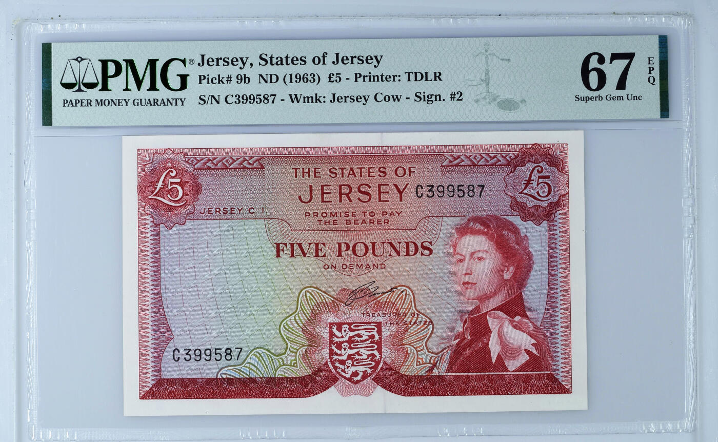 【Blue Auction】✨世界纸币精拍第561期【精】 泽西 1963年5镑 戎装女王 PMG67EPQ 高分