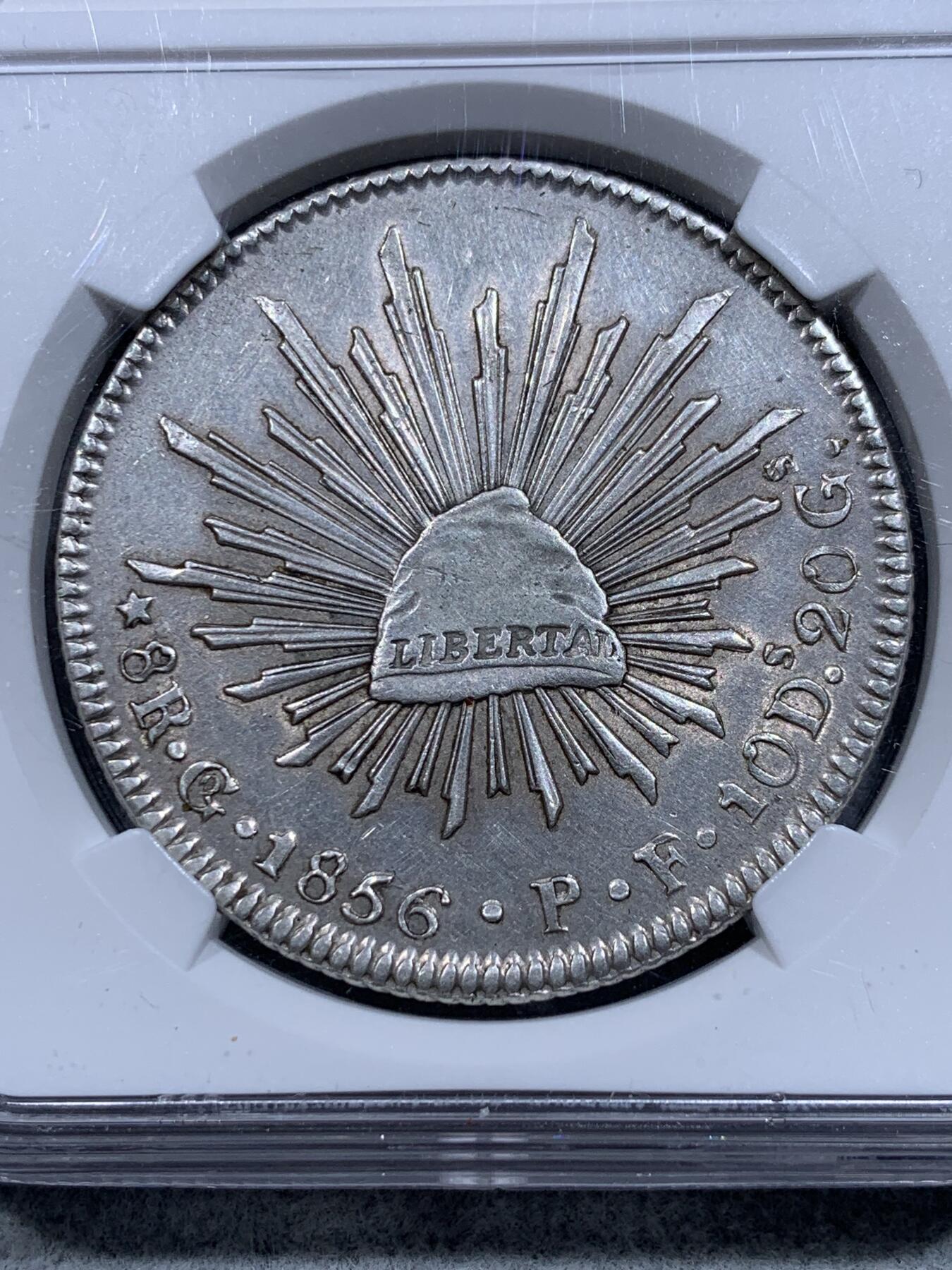 《竞宝斋》第318场 周日，周一 2场连拍 （全场包邮） NGC UNC 墨西哥 1856年 8瑞尔 鹰洋 银币 GO厂 少见骑字版