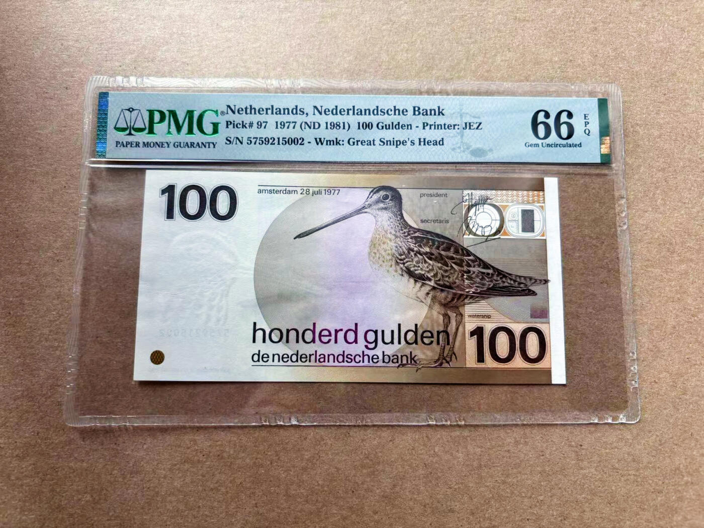 【Blue Auction】✨世界纸币精拍第561期【精】 荷兰 1977年100盾 水鸟 PMG66EPQ 