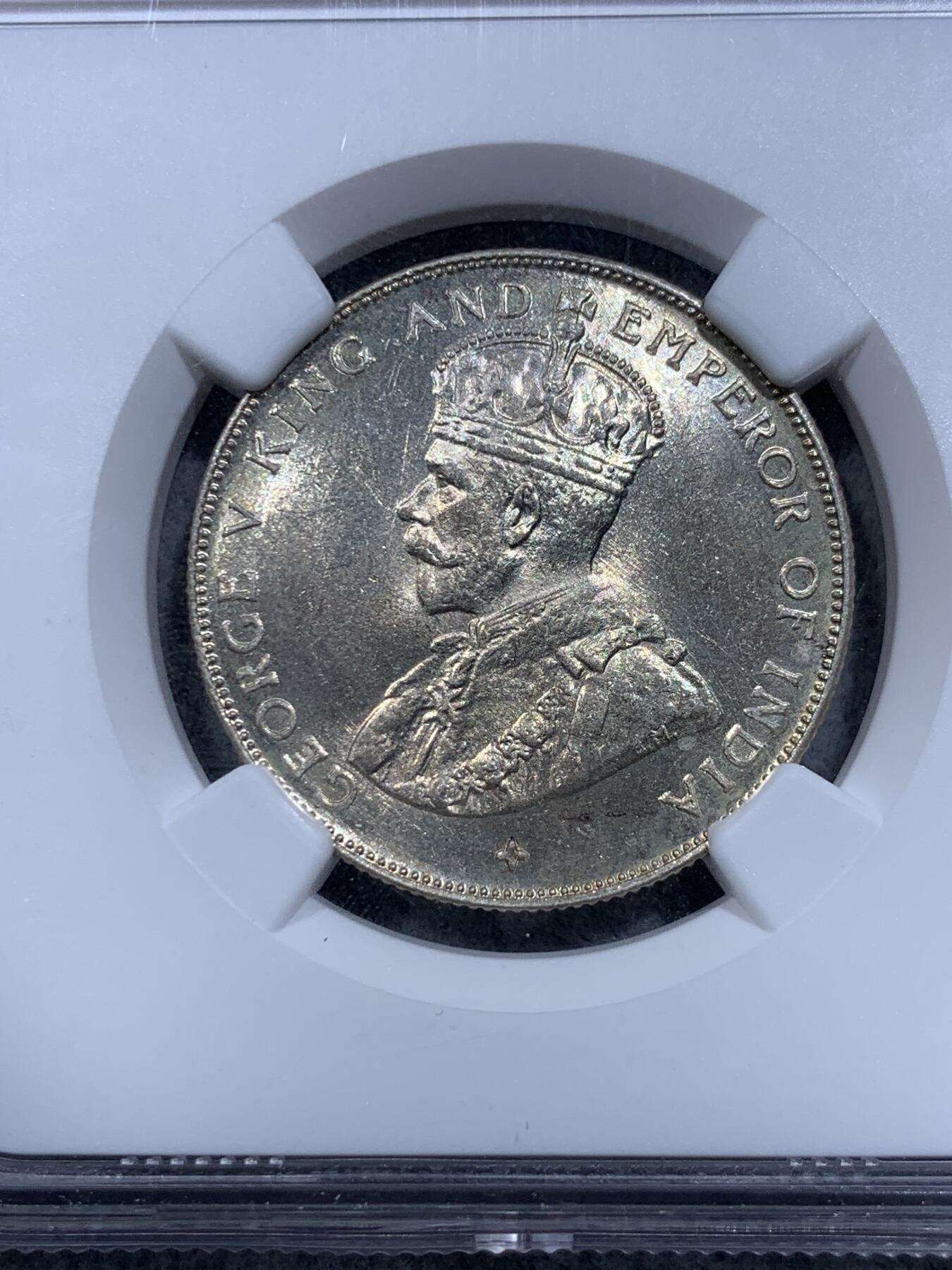 《竞宝斋》第318场 周日，周一 2场连拍 （全场包邮） NGC MS62 英属海峡殖民地 1920年 乔治五世 50分 银币