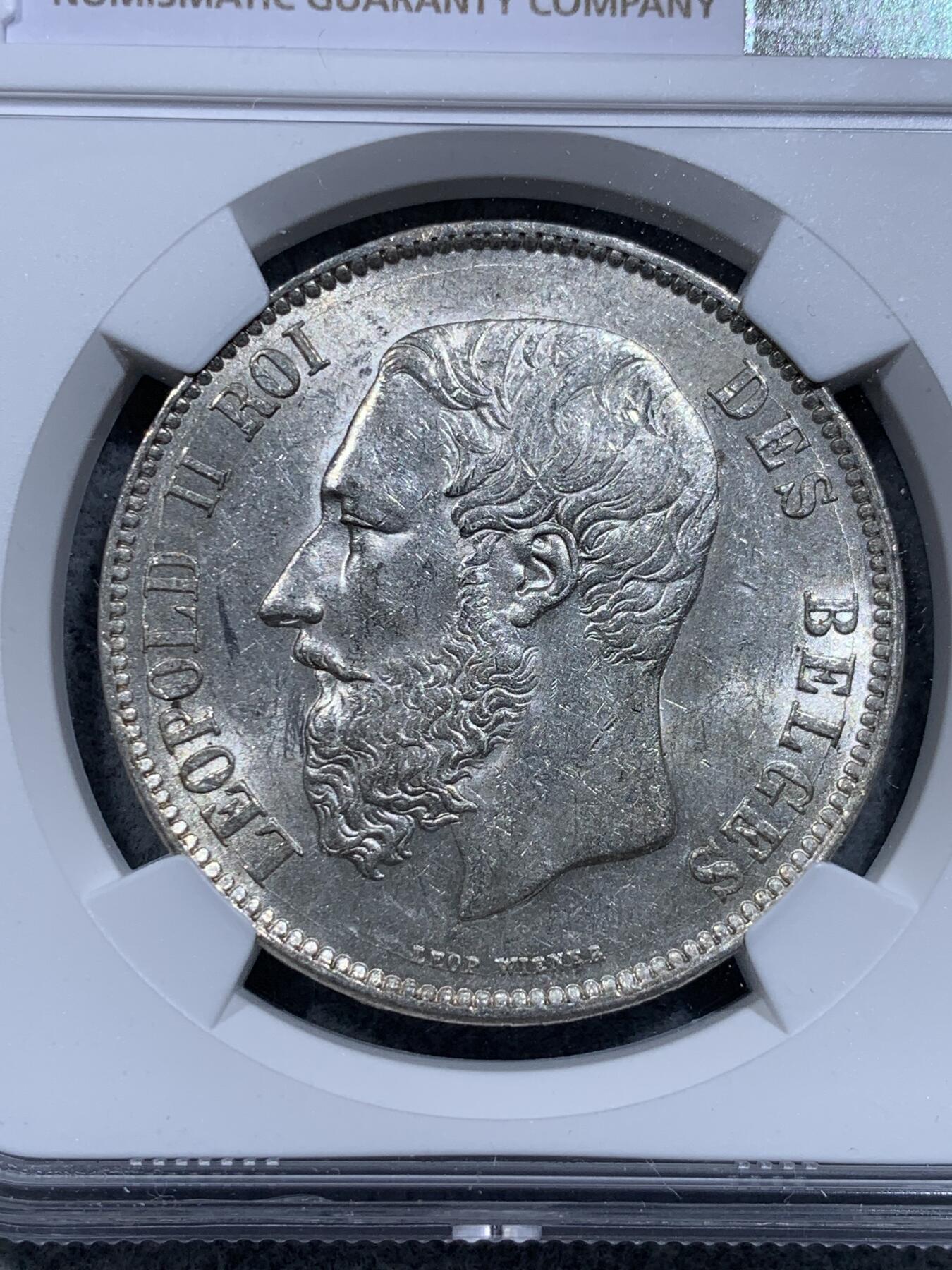 《竞宝斋》第318场 周日，周一 2场连拍 （全场包邮） NGC AU58 比利时1870年利奥波德二世5法郎银币