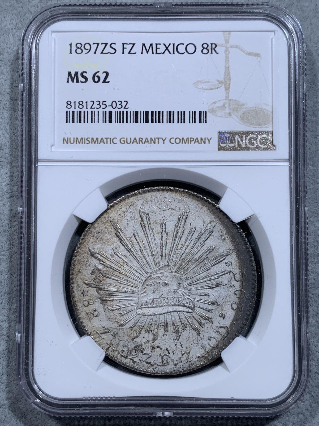 《竞宝斋》第318场 周日，周一 2场连拍 （全场包邮） NGC MS62 墨西哥 1897ZS FZ 8R花边鹰洋 银币