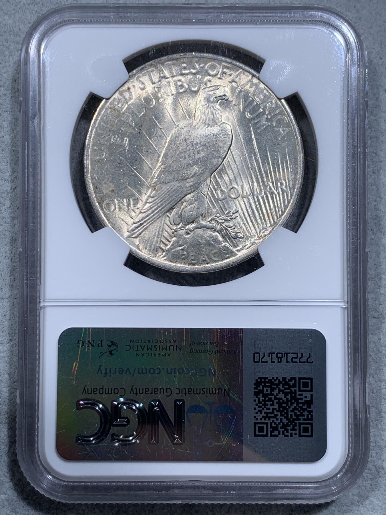 《竞宝斋》第318场 周日，周一 2场连拍 （全场包邮） NGC UNC 1922年 美国 1美元 和平银币 严评了 底板光度和彩都很过关 可以再评级试试 细节见图