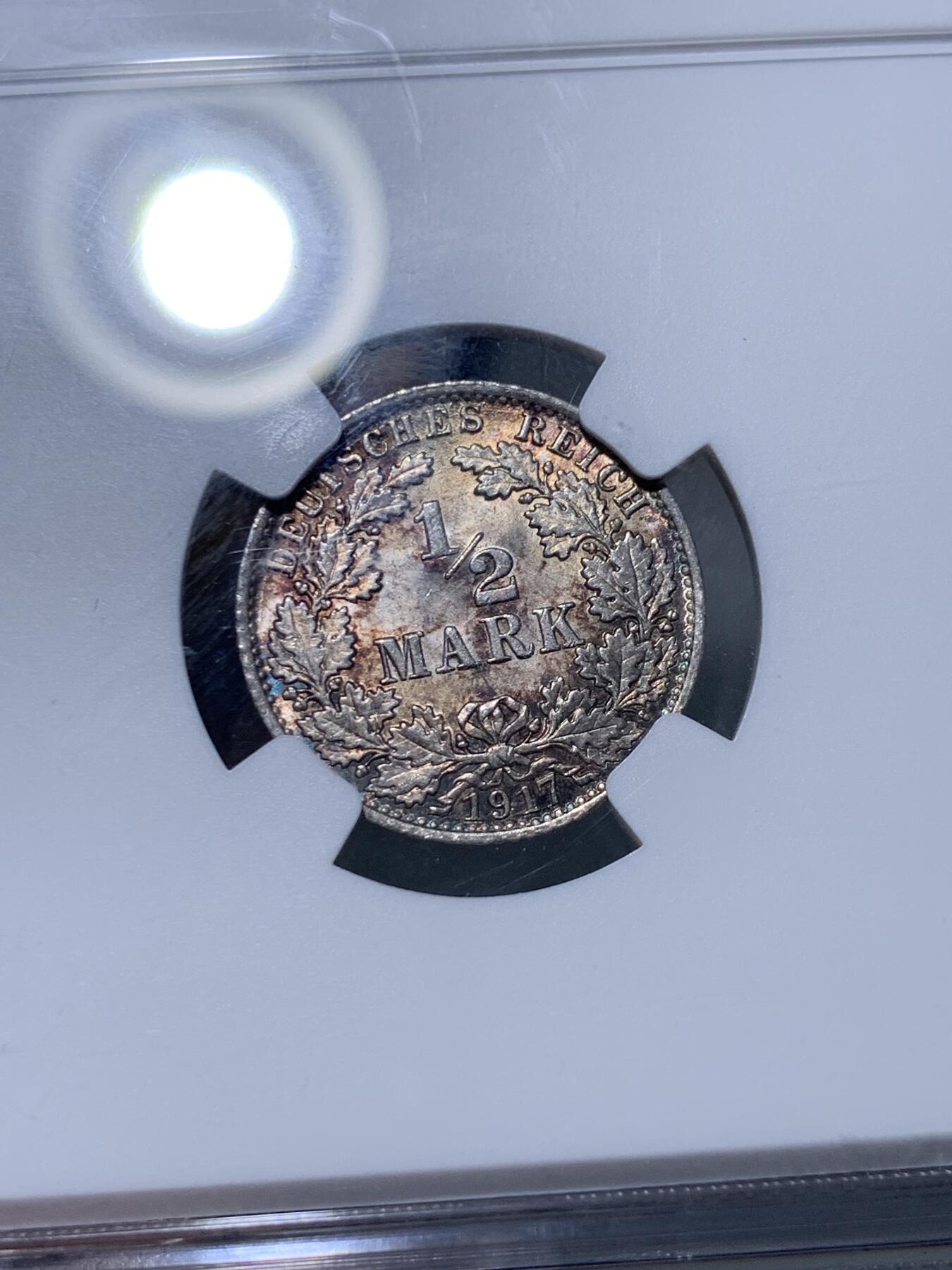 《竞宝斋》第318场 周日，周一 2场连拍 （全场包邮） NGC MS65 德国 1917年 长翅鹰 1/2马克 半马克 银币 黄油彩