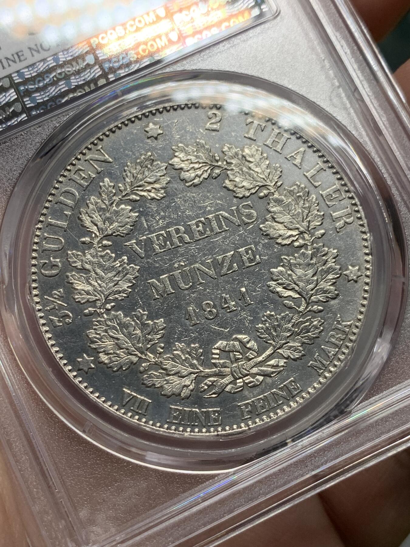 《竞宝斋》第318场 周日，周一 2场连拍 （全场包邮） PCGS AUD 德国1841年黑森达姆施塔特2泰勒大银币 细节不错 好品难得