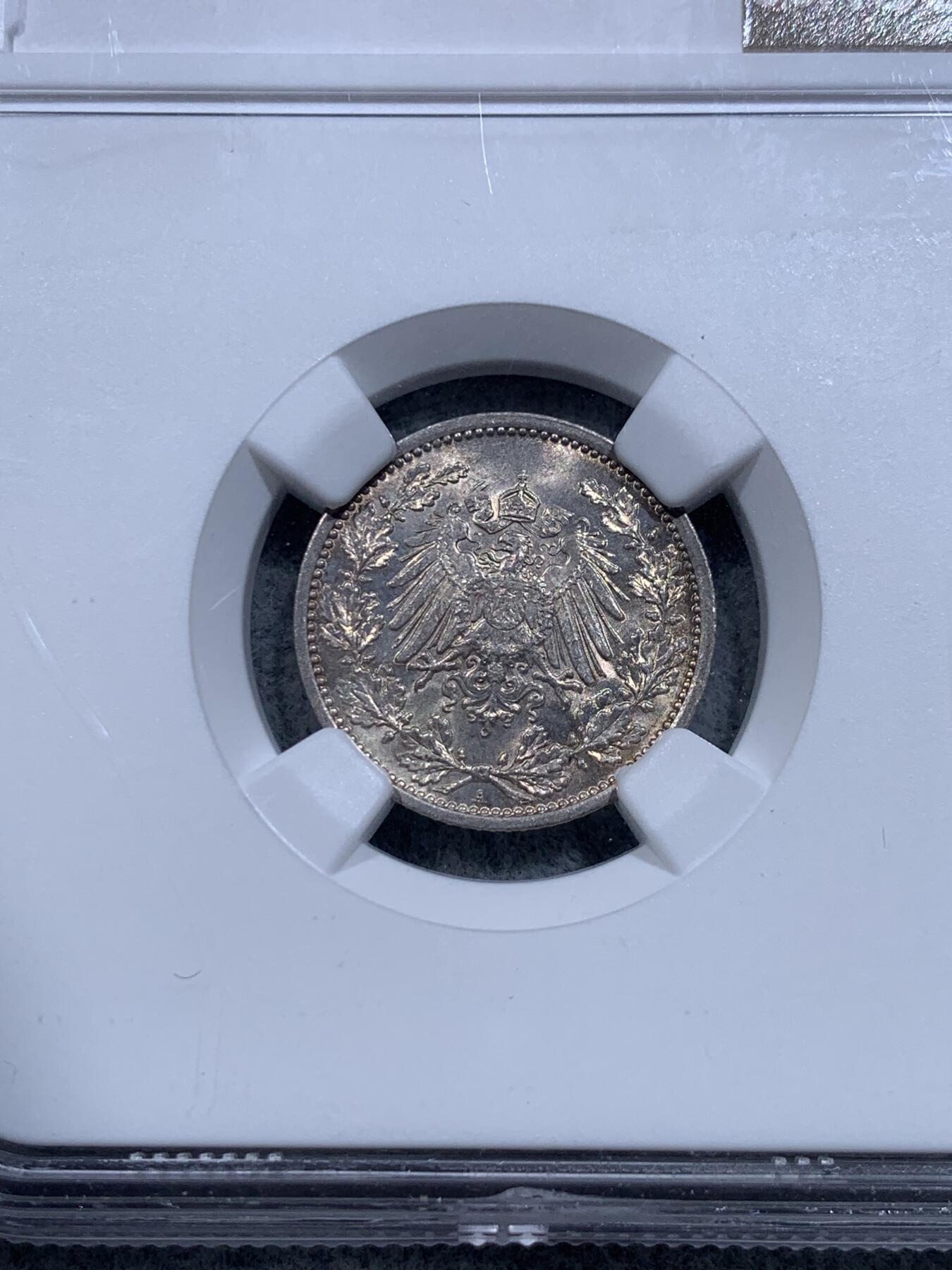 《竞宝斋》第318场 周日，周一 2场连拍 （全场包邮） NGC MS65 德国 1917年 长翅鹰 1/2马克 半马克 银币 黄油彩