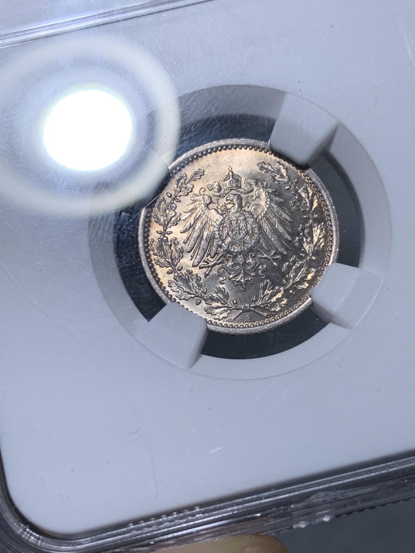 《竞宝斋》第318场 周日，周一 2场连拍 （全场包邮） NGC MS65 德国 1917年 长翅鹰 1/2马克 半马克 银币 黄油彩