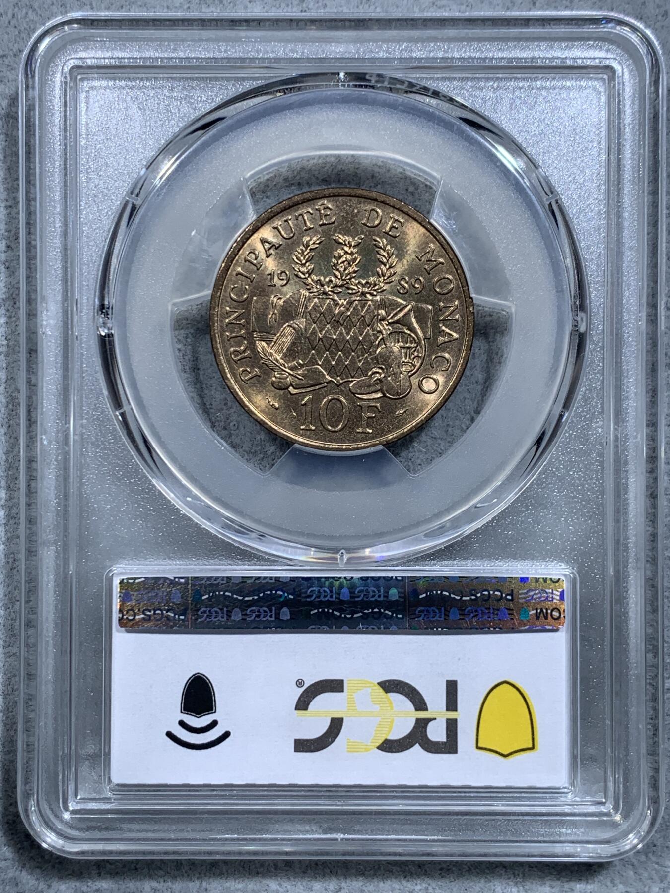 《竞宝斋》第318场 周日，周一 2场连拍 （全场包邮） PCGS MS67 冠军分！1989 摩纳哥 10法郎 皮埃尔王子逝世25周年纪念 属于摩纳哥所有纪念币里第二少见的品种