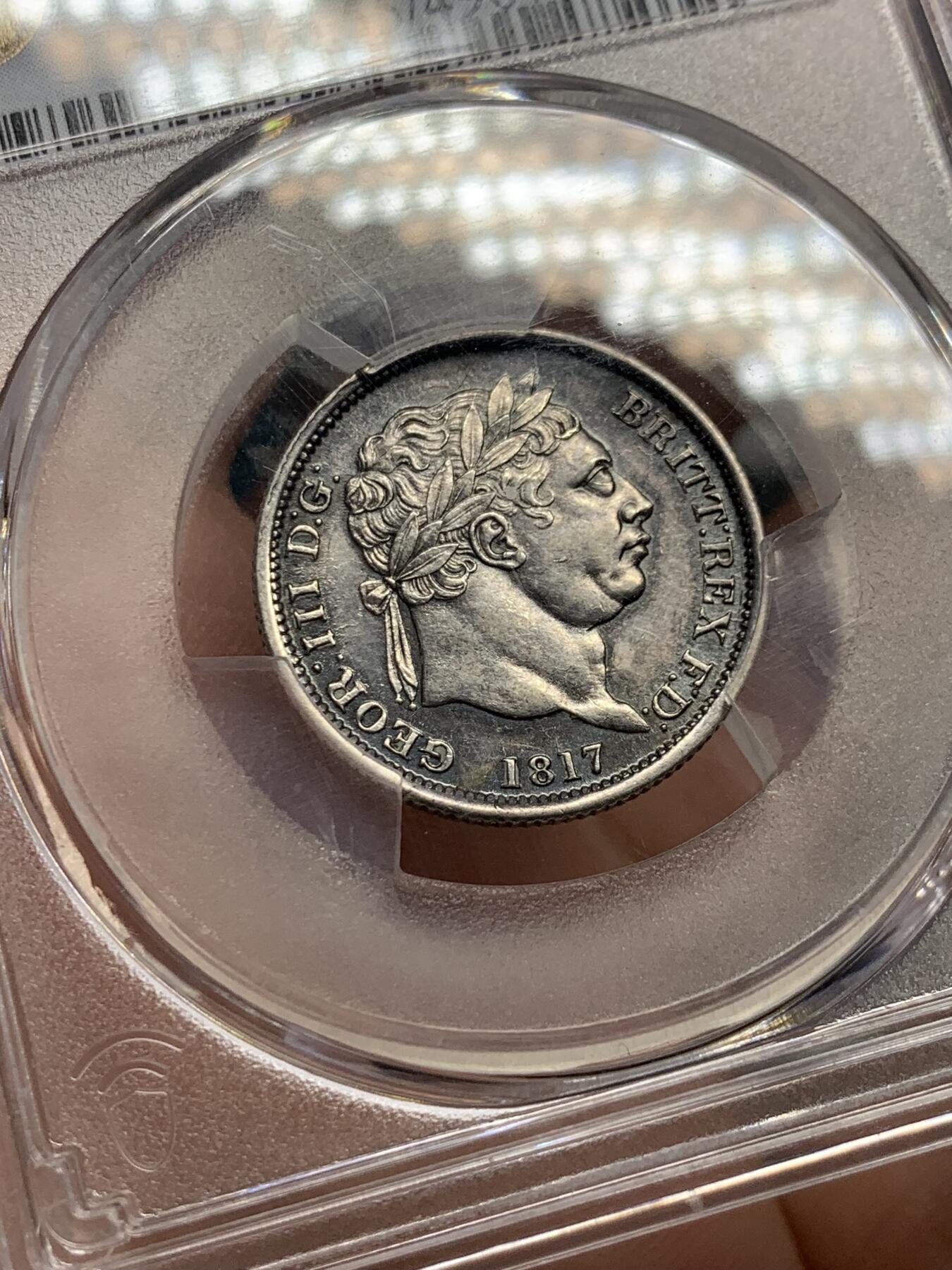 《竞宝斋》第318场 周日，周一 2场连拍 （全场包邮） PCGS AU55 英国1817年乔三1先令银币 深彩包浆 好品少