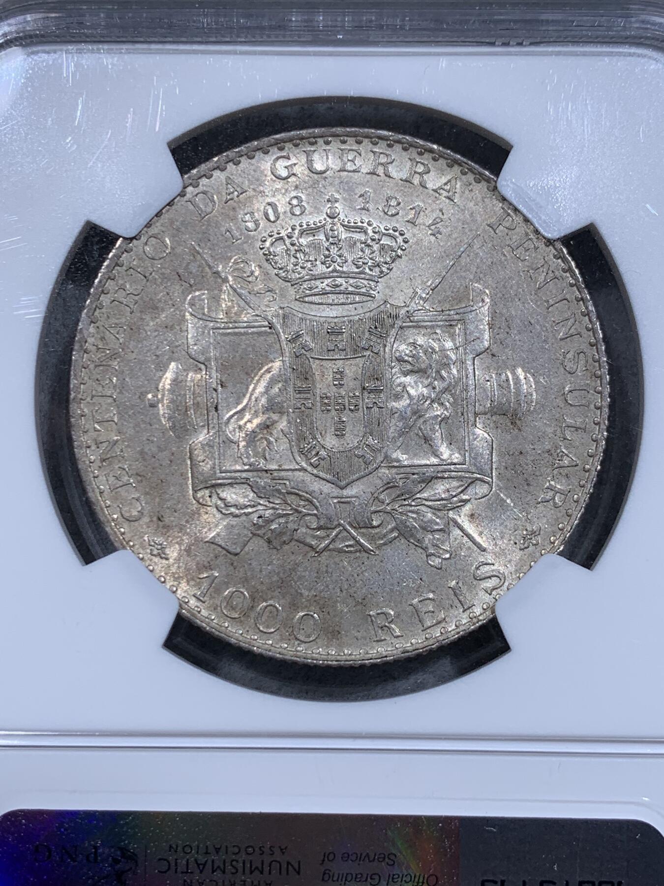 《竞宝斋》第318场 周日，周一 2场连拍 （全场包邮） NGC MS61 葡萄牙王国1910年半岛战争1000reis大银币。葡萄牙王国最后的大银，关门币，之后就是共和国时期了。低评，62状态。金色包浆