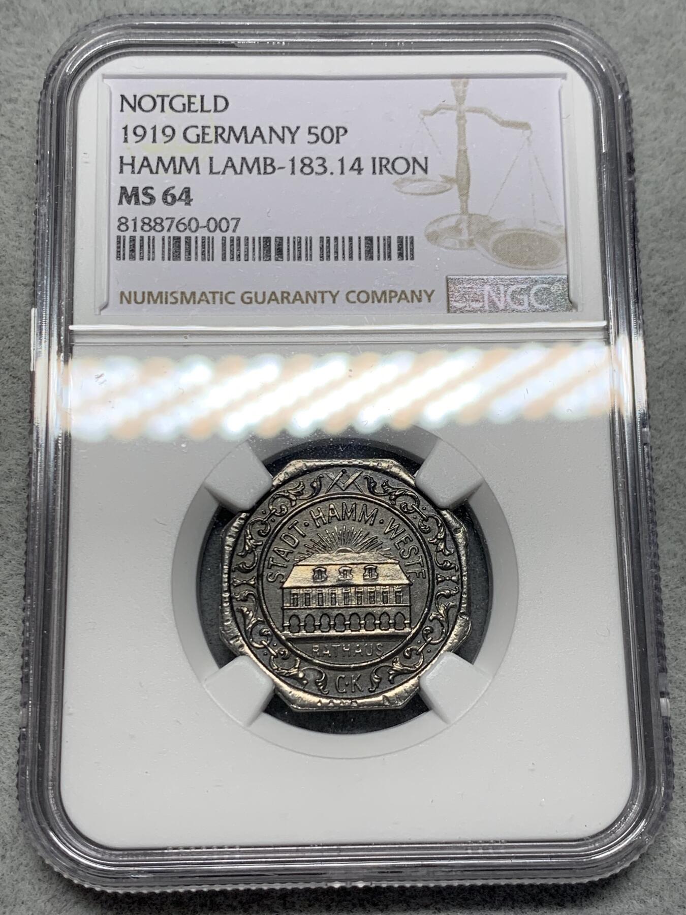 《竞宝斋》第318场 周日，周一 2场连拍 （全场包邮） NGC MS64 德国1919哈姆50芬妮 少见好品