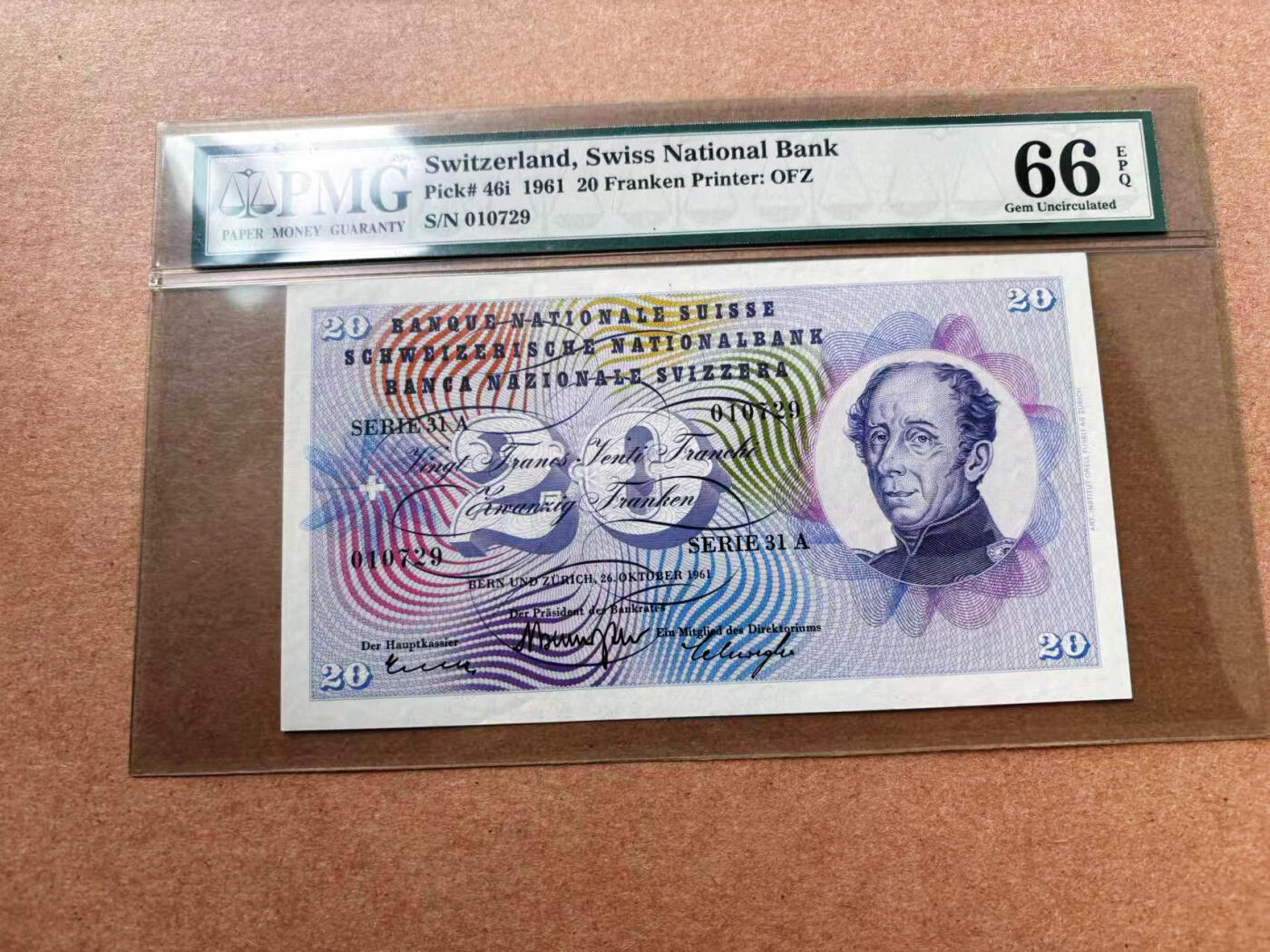 【Blue Auction】✨世界纸币精拍第561期【精】 瑞士 1961年20法郎 PMG66EPQ 