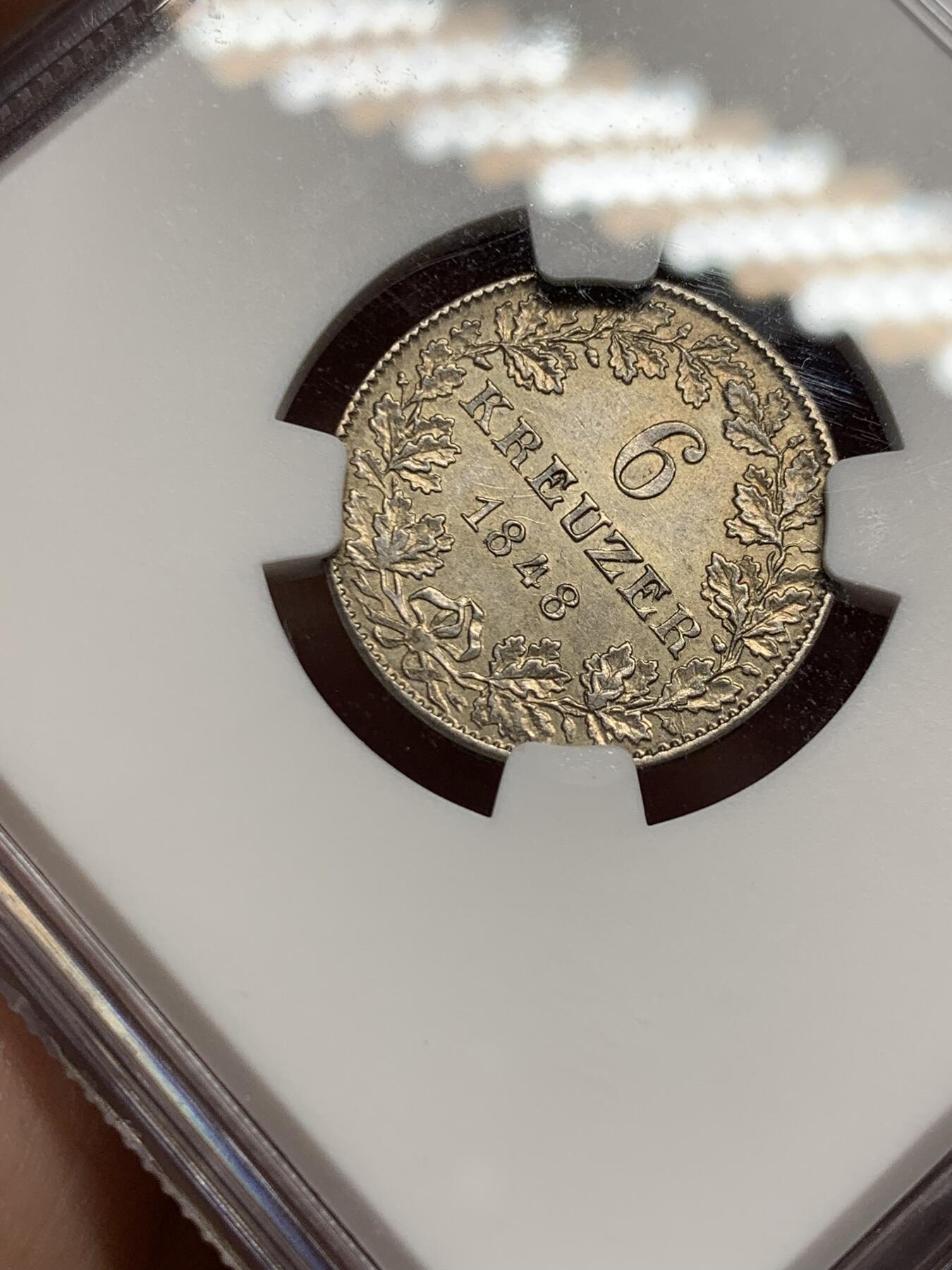 《竞宝斋》第318场 周日，周一 2场连拍 （全场包邮） NGC MS62 德国1848法兰克福6克洛泽银币 羽翼清晰