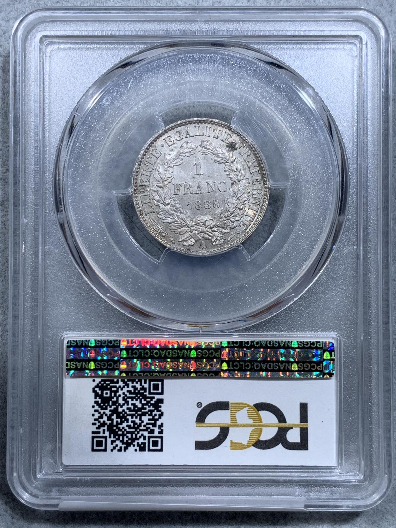 《竞宝斋》第318场 周日，周一 2场连拍 （全场包邮） PCGS MS64 1888年法国谷物女神1法郎银币 高分稀少 发财年份