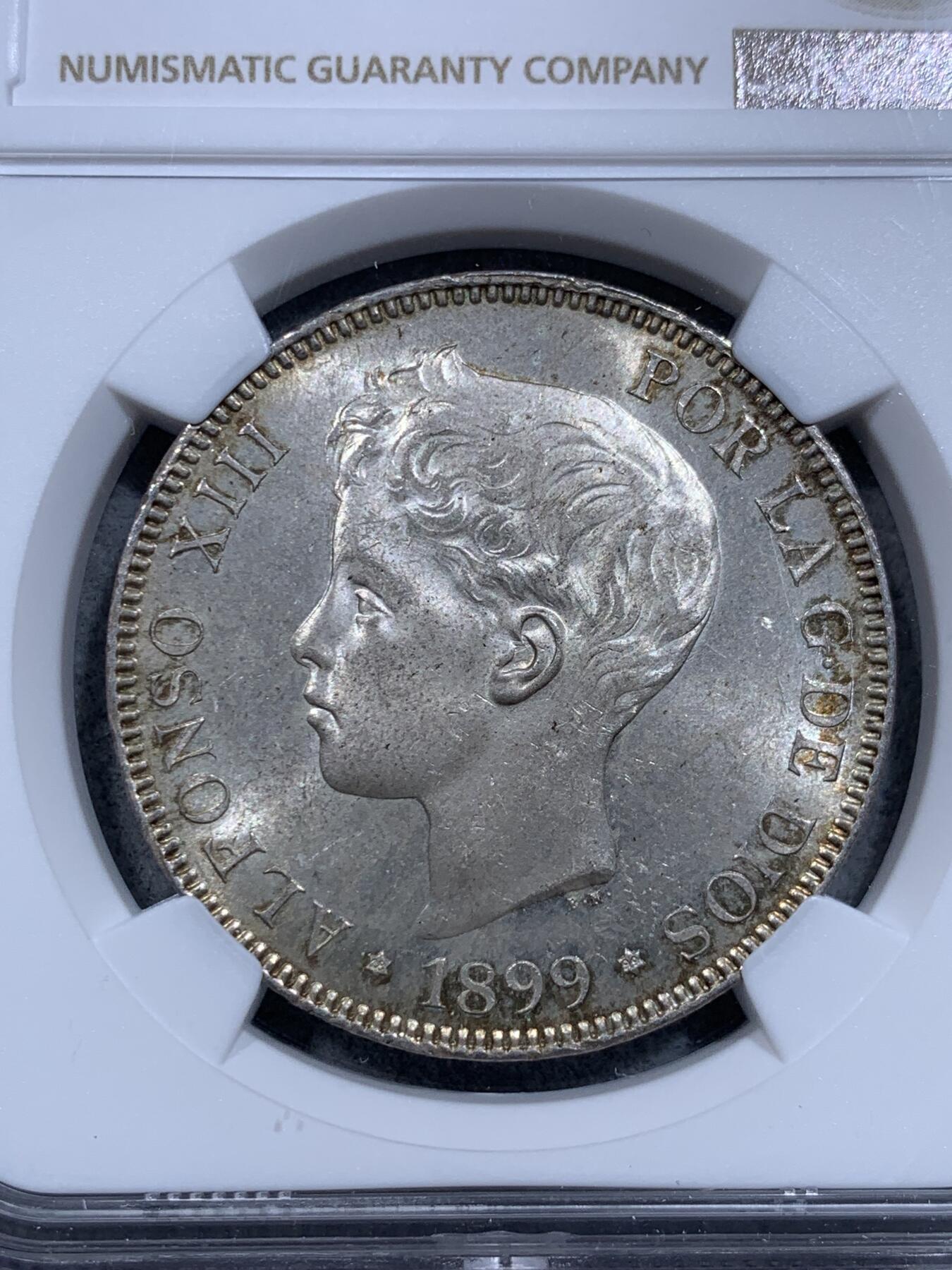 《竞宝斋》第318场 周日，周一 2场连拍 （全场包邮） PCGS MS63 西班牙1899年阿方索十三世5P大银币，黄油彩包浆，底板凝霜不错，丝滑转光