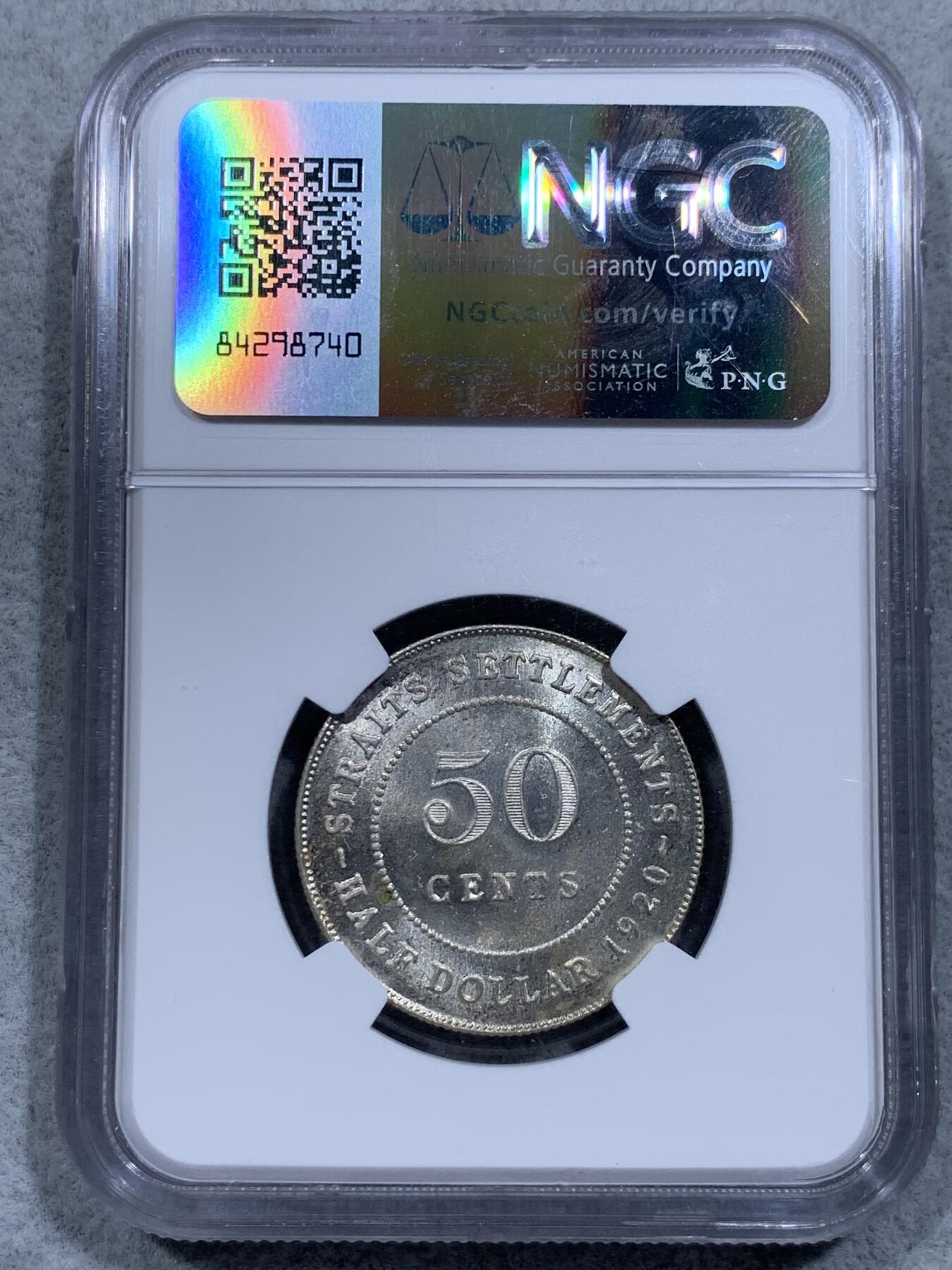 《竞宝斋》第318场 周日，周一 2场连拍 （全场包邮） NGC MS62 英属海峡殖民地 1920年 乔治五世 50分 银币