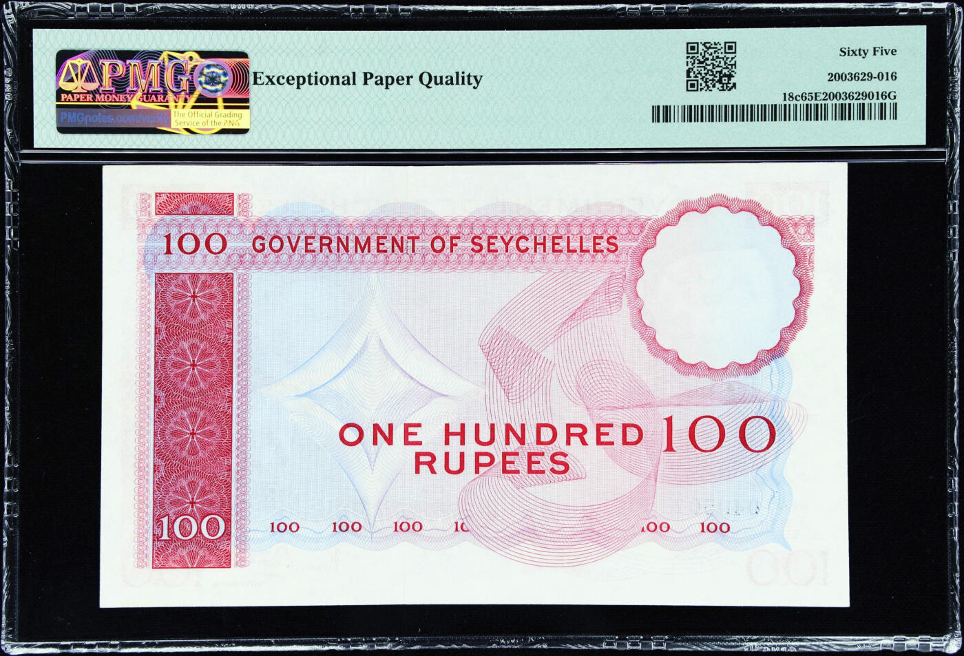 【Blue Auction】✨世界纸币精拍第561期【精】   【A/1首发冠 仅2张更高分】塞舌尔 1972年100卢比 PMG65EPQ 绝品少见 BWC出品 雕刻精美 戎装女王 象龟（这个受欢迎系列的最高面值，以其设计中的各种隐藏词而闻名，包括这个面值上乌龟上方的树枝中的“LOVE”这个词。该面值连续编号印刷量很少，当时购买力强大。纸张新鲜色彩艳丽，奇妙的视觉吸引力，女王进阶级藏品，凑套常缺此张，令人垂涎）