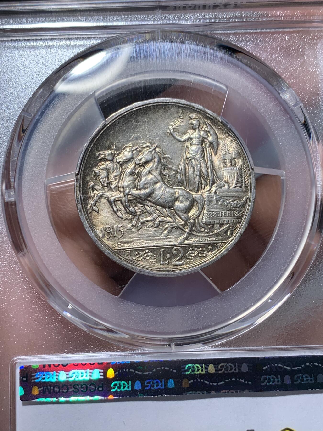《竞宝斋》第318场 周日，周一 2场连拍 （全场包邮） PCGS MS64 1915年意大利马车2里拉银币 顶级五彩 日本最近成交价2000多RMB