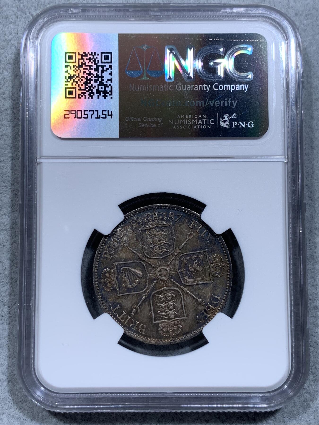 《竞宝斋》第318场 周日，周一 2场连拍 （全场包邮） NGC MS64 1887维多利亚高冠弗洛林银币，顶级酱彩均匀包浆，收藏级别的品相，一步到位！