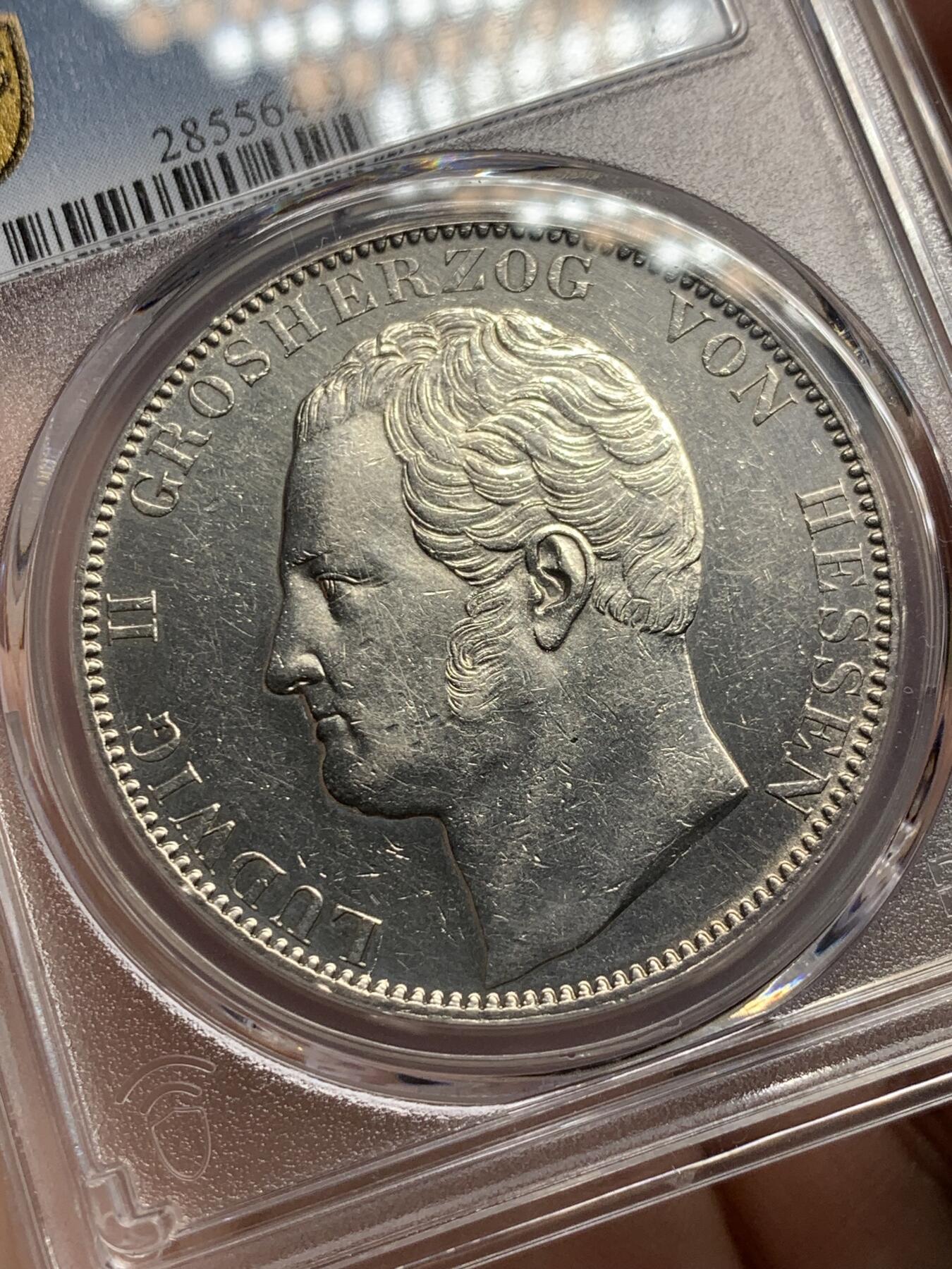 《竞宝斋》第318场 周日，周一 2场连拍 （全场包邮） PCGS AUD 德国1841年黑森达姆施塔特2泰勒大银币 细节不错 好品难得