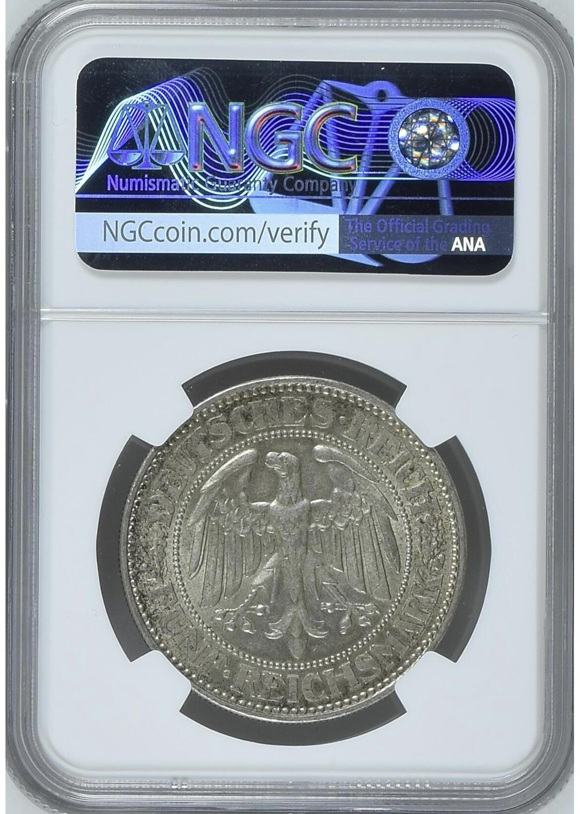 NGC-MS63德国-魏玛1927年橡树5马克大银币
