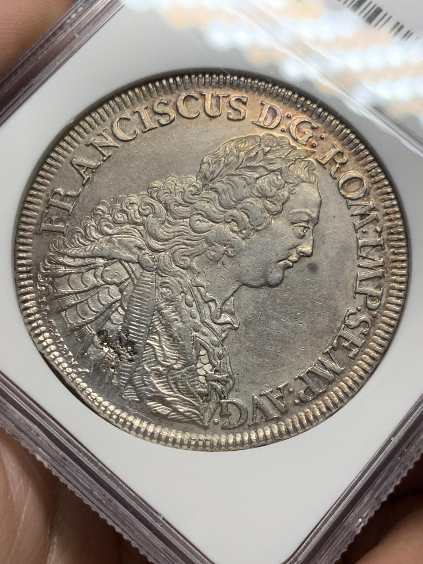 《竞宝斋》第318场 周日，周一 2场连拍 （全场包邮） NGC AU55 德国1754年雷根斯堡景观大泰勒银币，非常漂亮的景观币，高点具在感觉低评，有加分潜力