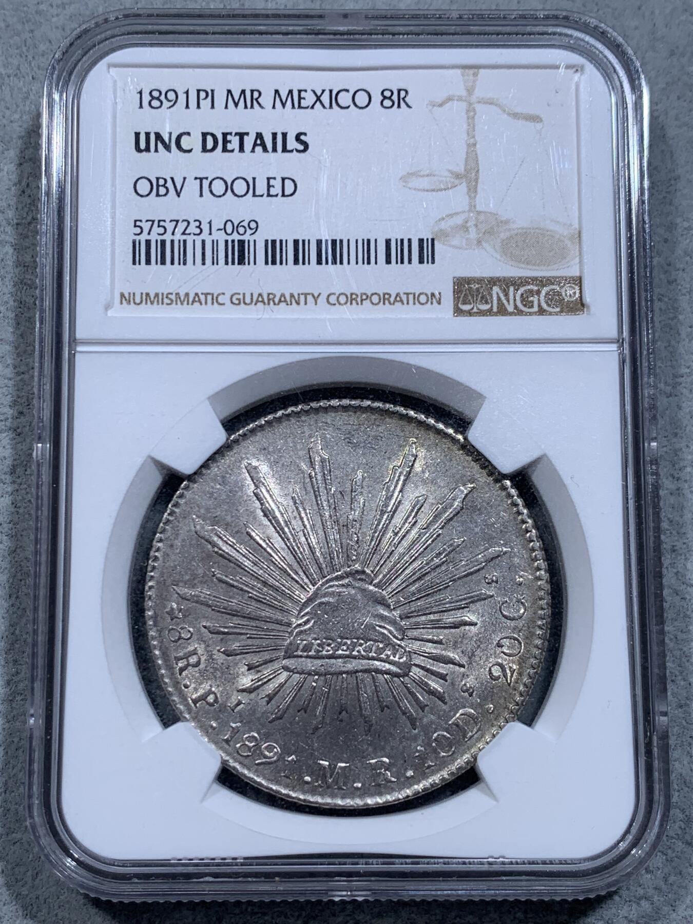 《竞宝斋》第318场 周日，周一 2场连拍 （全场包邮） NGC UNC 墨西哥1891 PI 花边鹰洋银币 光度很好