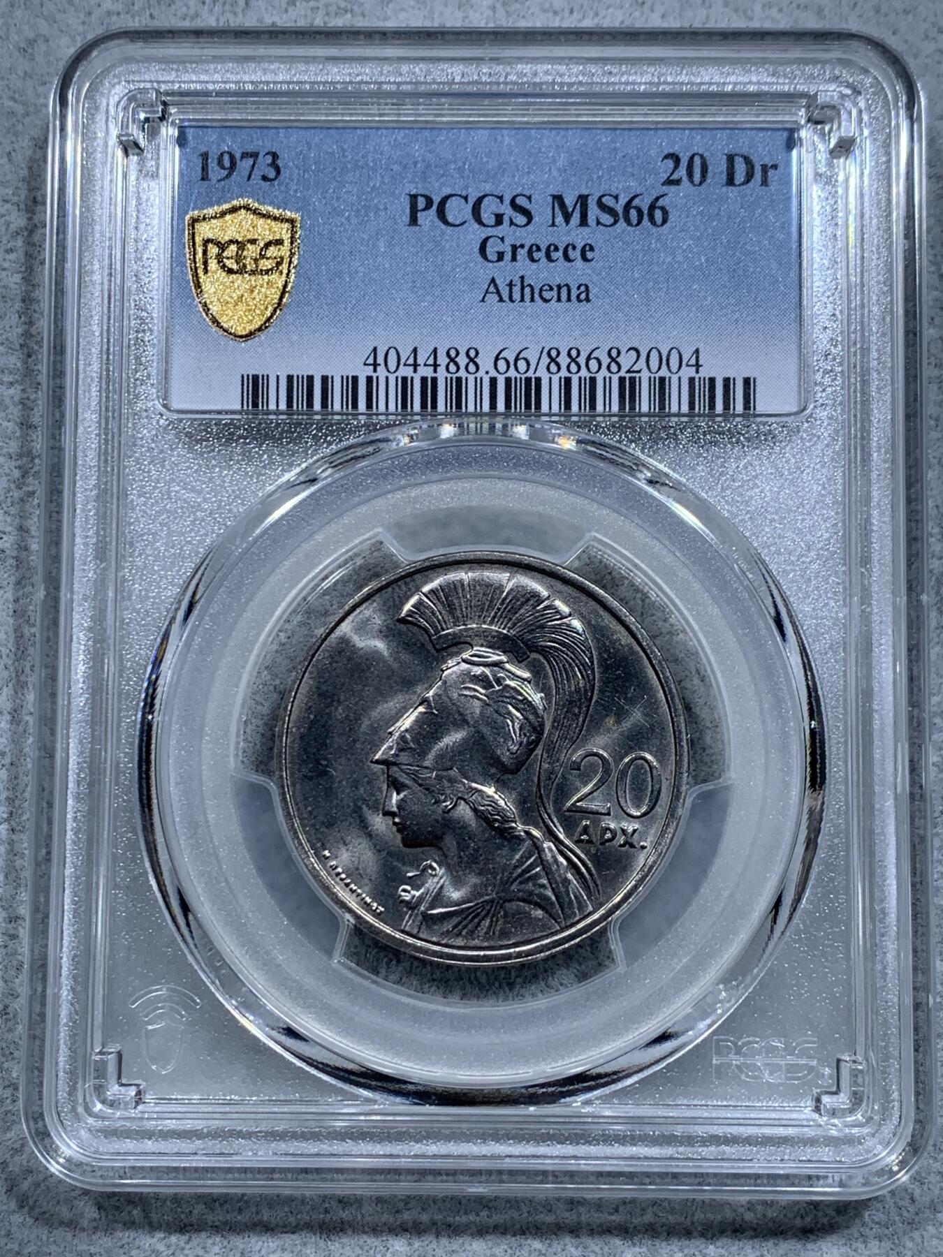 《竞宝斋》第318场 周日，周一 2场连拍 （全场包邮） PCGS MS66 希腊1973年戎装雅典娜20德拉克马 独年份火凤凰版,设计经典漂亮！喜欢的不要错过了！高分少见！